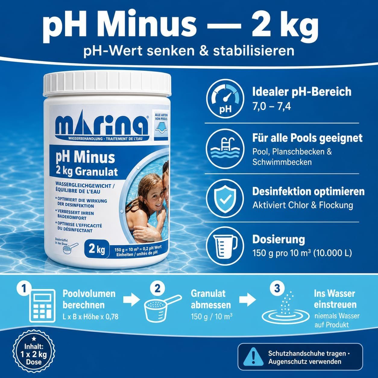 Marina Poolpflege pH Minus Granulat, (2kg), chlorfrei, für Pool/Spa und Schwimmbecken