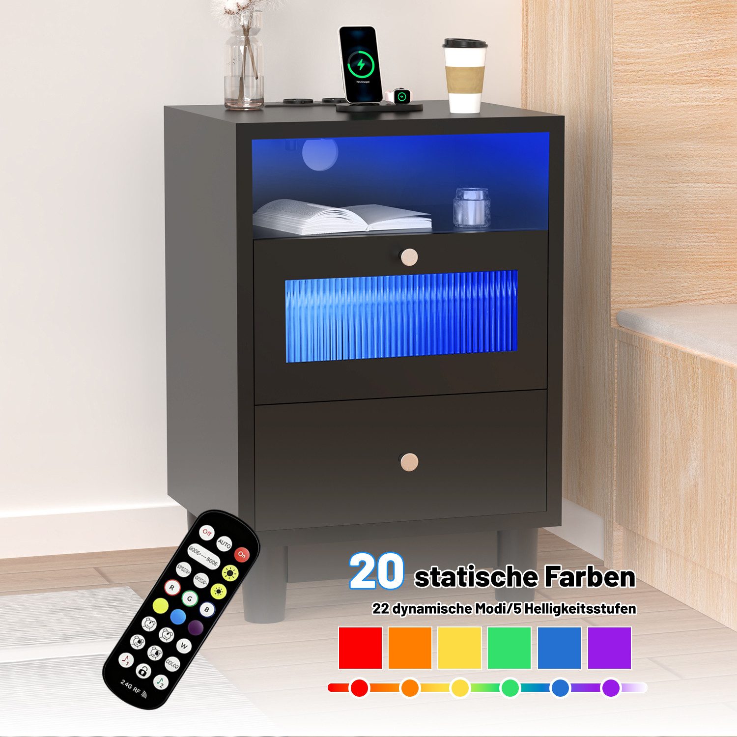 oyajia Nachttisch mit LED-Beleuchtung und Ladefunktion, Beistelltisch (Nachtschrank Beistelltisch mit 2 Schubladen und 1 offener Ablage, 2-St), 2 AC-Steckdosen, 1 typ C+1 USB-Anschlüsse, 40x35x61cm