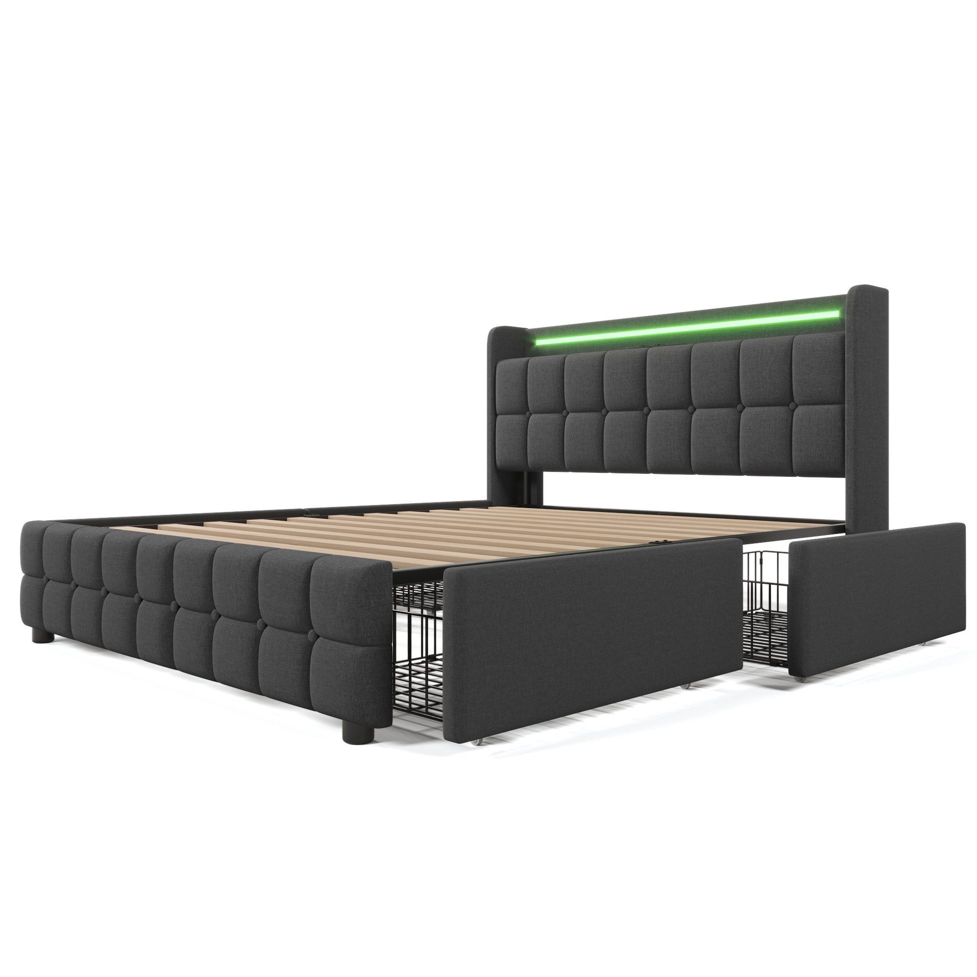 Polsterbett Doppelbett mit USB Ladefunktion Kopfteil,LED-Beleuchtung,4 Schubladen