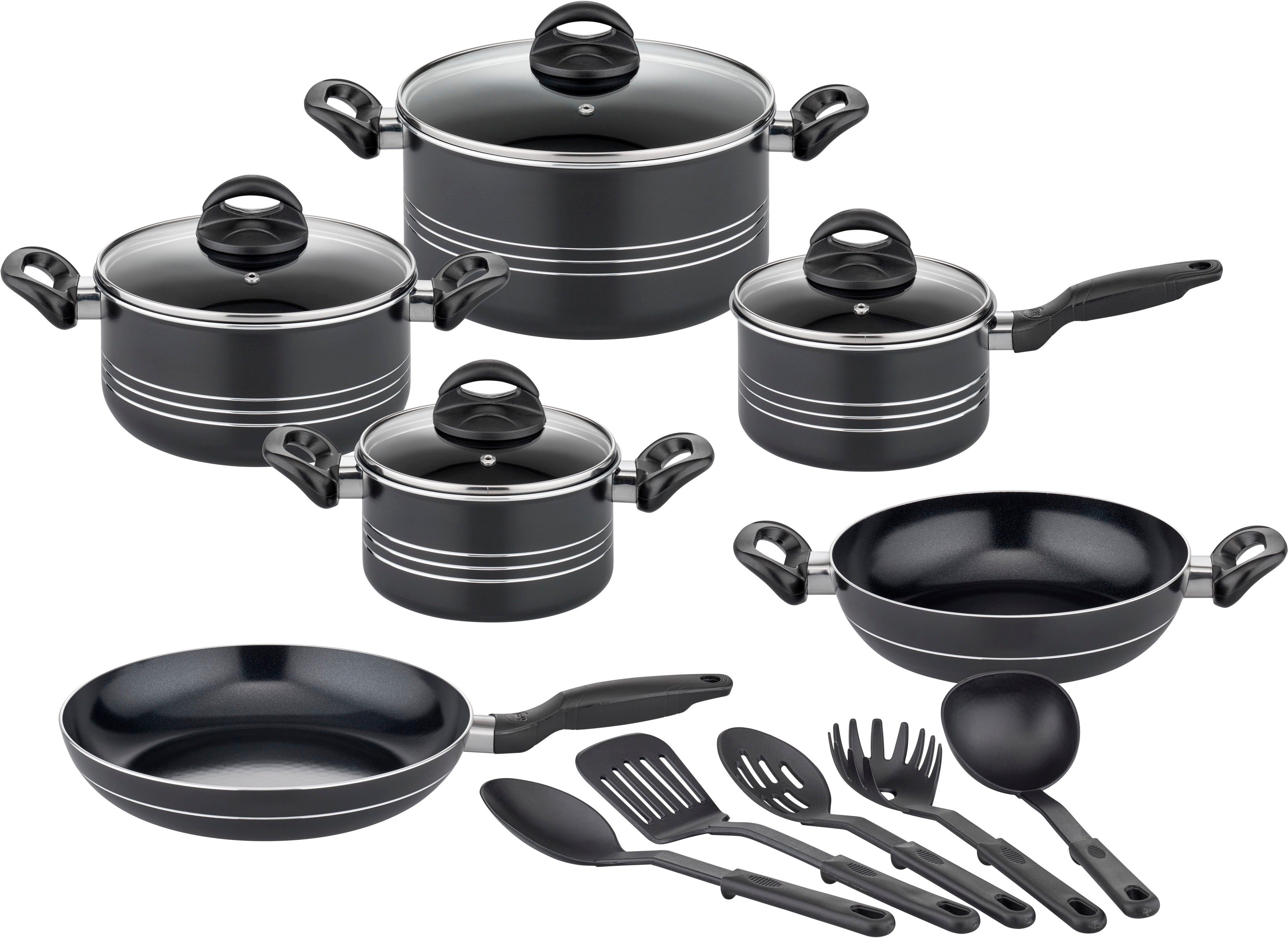 GSW Topf-Set Milano Nero, Aluminium (Set, 15-tlg., je 1 Kochtopf 16/20/2 cm, 1 Stielkasserolle 16cm, je 1 Pfanne 24/28cm), Induktion, inkl. 5-teiliges Küchenhelfer-Set