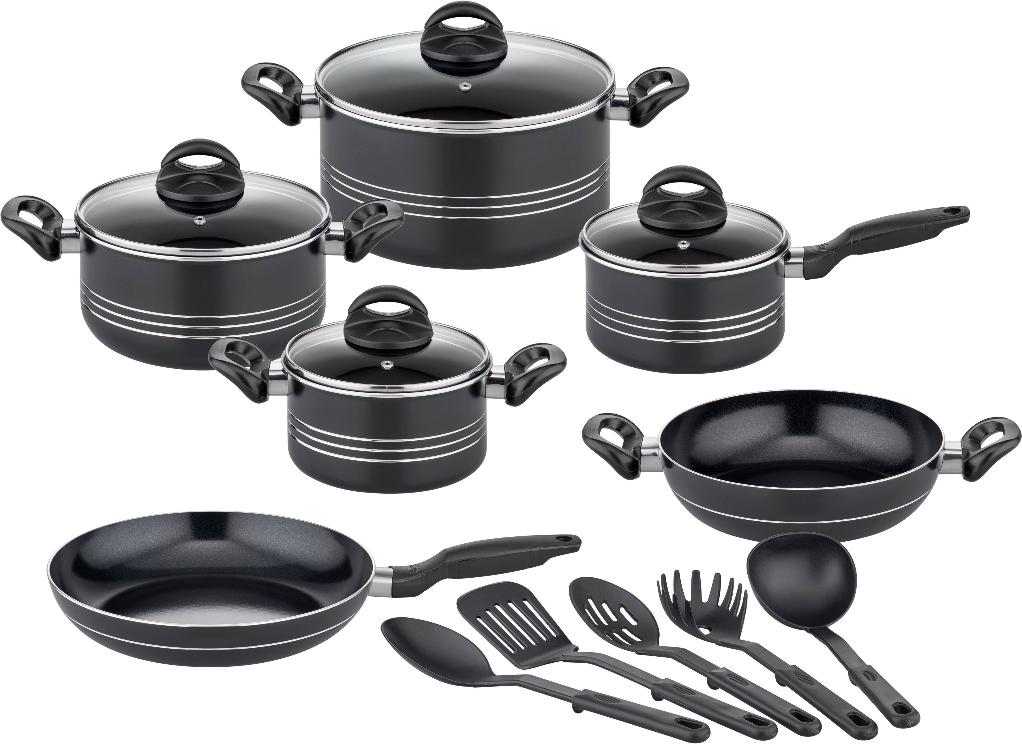 GSW Topf-Set Milano, inkl. 5-teiliges Küchenhelfer-Set, Aluminium, Kunststoff (Set, 15-tlg., je 1 Kochtopf 16/20/24cm, 1 Stielkasserolle 16cm, je 1 Pfanne 24/28cm), Kochtopf-Set mit Antihaft-Versiegelung, Induktion