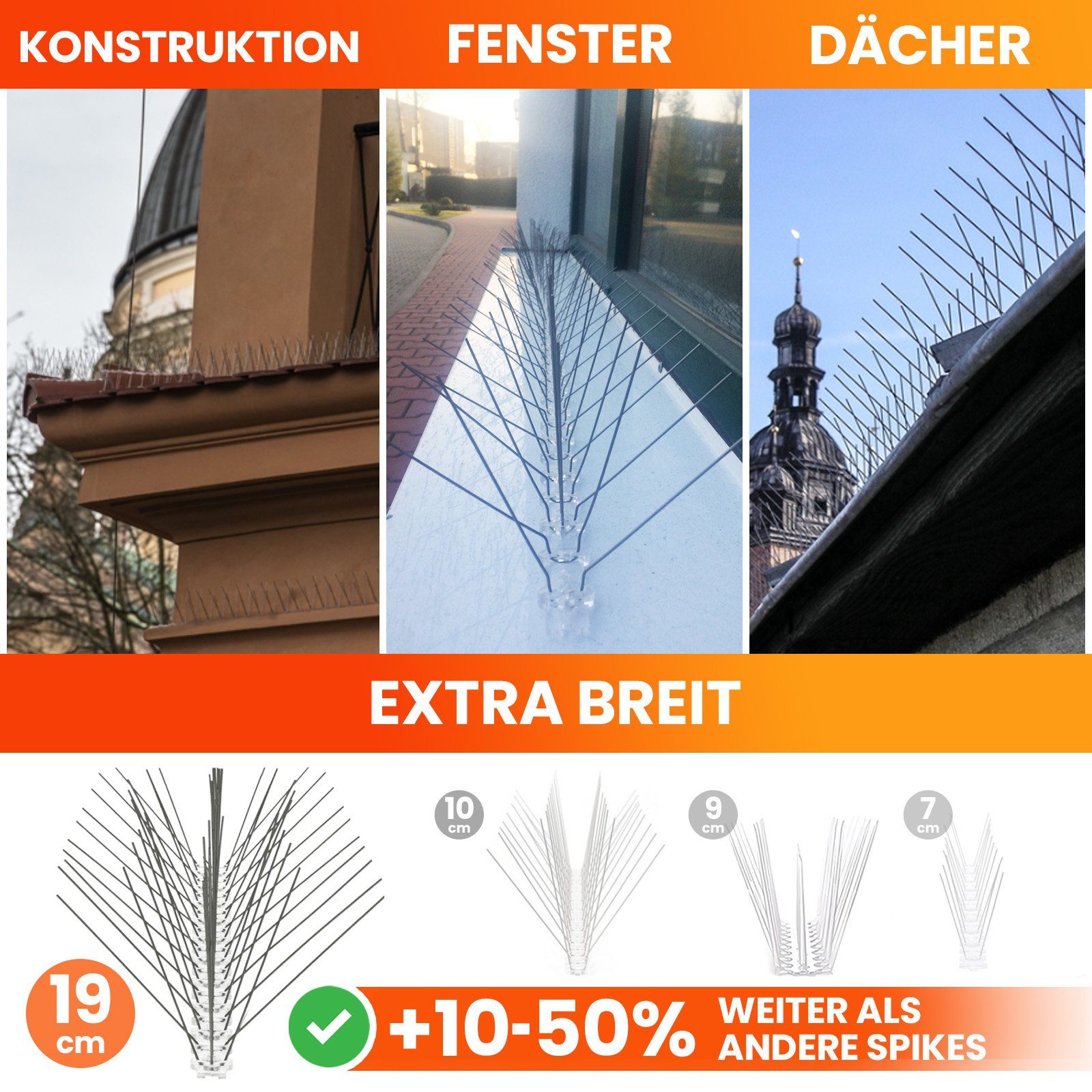 KONZEPT Taubenspikes Vogelabwehr Spikes aus Edelstahl gegen Tauben, Spatzen, Amsel, Marder, 6-St., für Balkon, Fensterbank, Garten - Set 6 szt. x 50 cm, 5-reihi – Bild 4 von 5