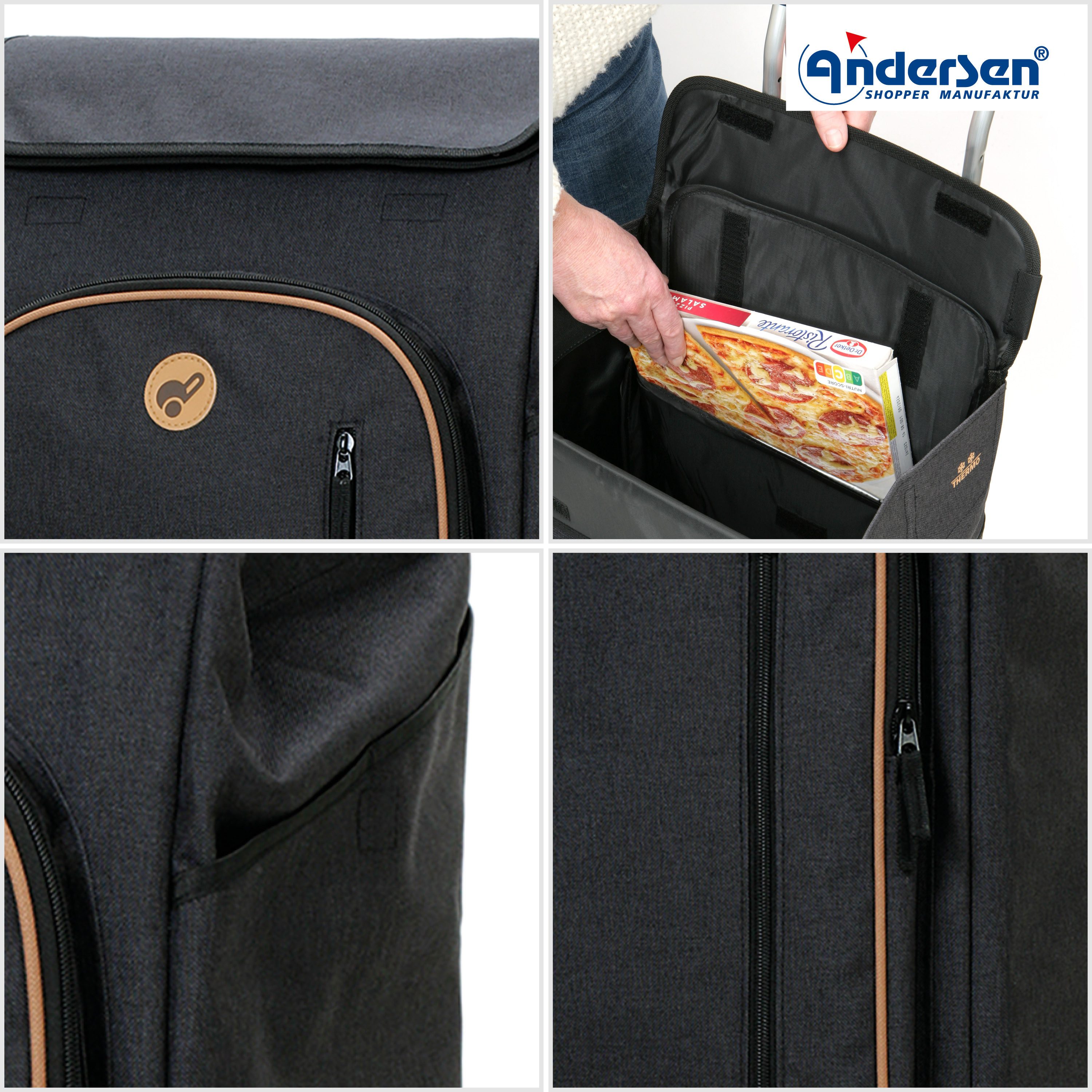 Andersen Einkaufstrolley Exklusiv Treppensteiger Royal Shopper Stahlgestell Folke schwarz 61L, klappbare Ladefläche, belastbar bis 60kg, wasserabweisend