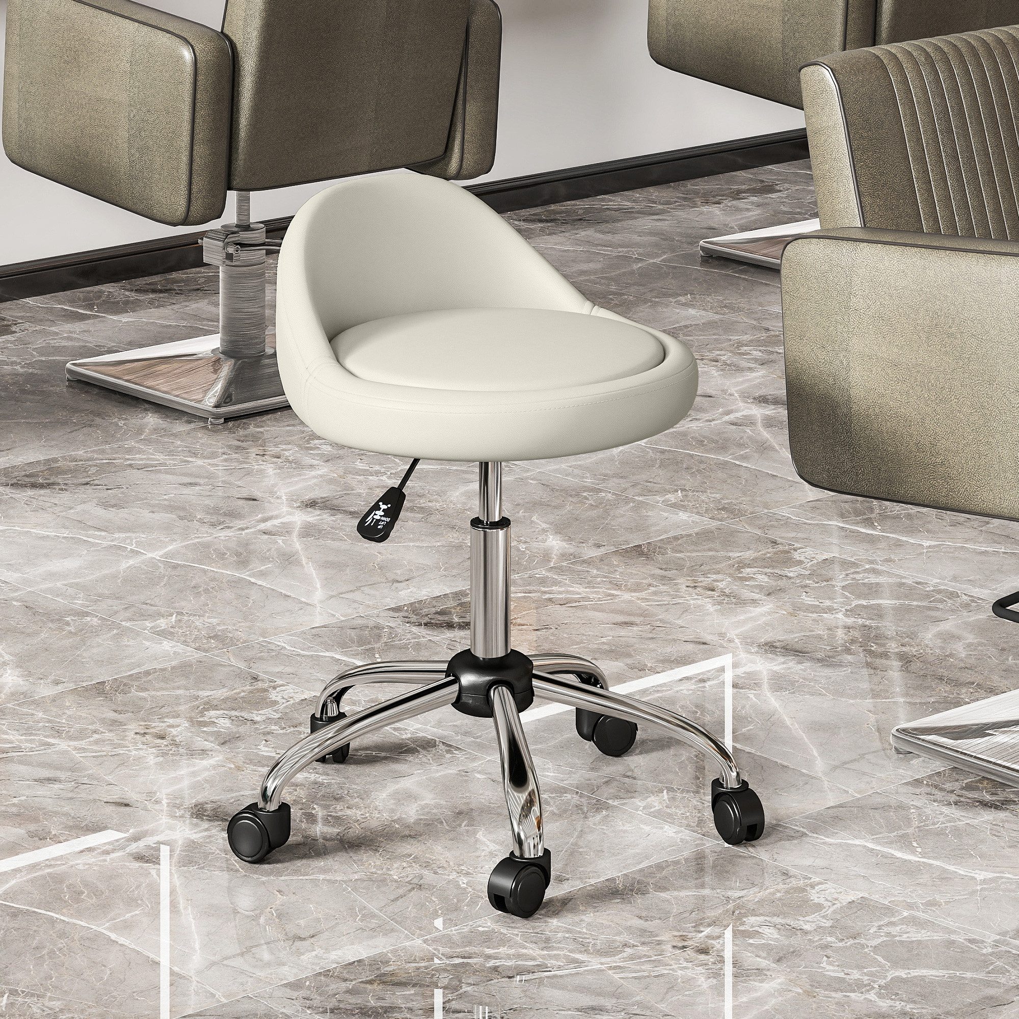 HOMCOM Rollsitz Drehhocker mit Rädern Drehbarer Arbeitshocker Salonhocker (Rollhocker, 1 St., Arbeitshocker), Ø35 x 83H cm, Kunstleder, Weiß