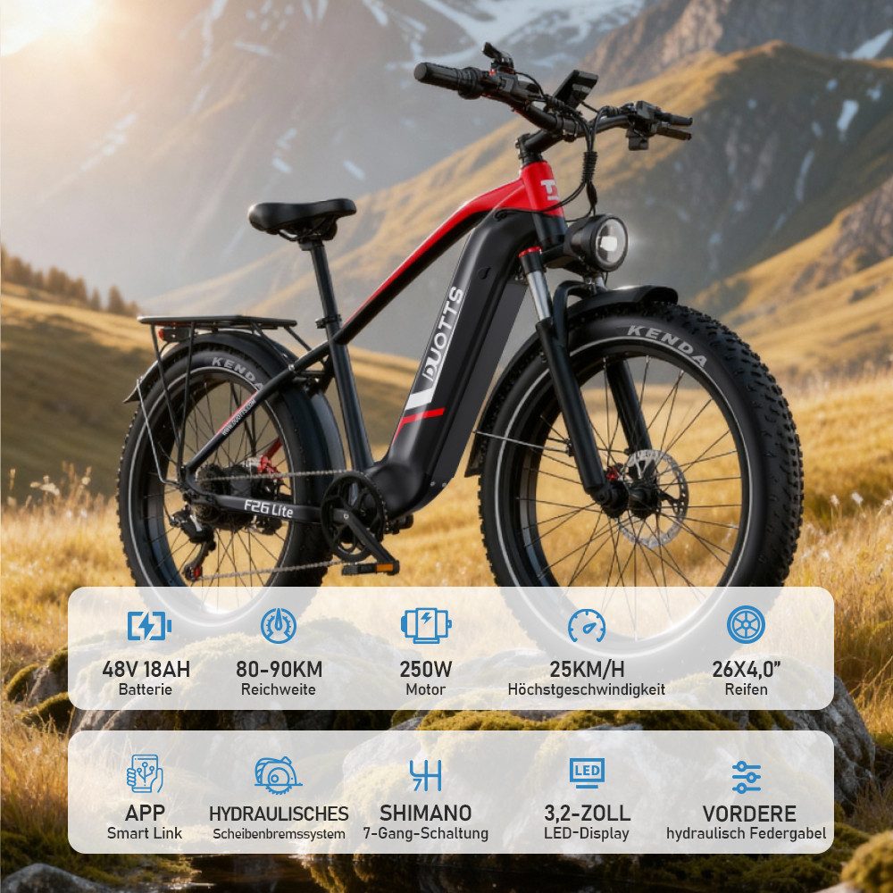 DUOTTS E-Bike Cityrad F26lite Pedelec Damen u. Herren 48V 864Wh 100km 20x4,0 Elektrisches, 7 Gang Shimano Schaltwerk, Kettenschaltung, Heckmotor, 864 Wh, Fat-Tire E-Mountainbike