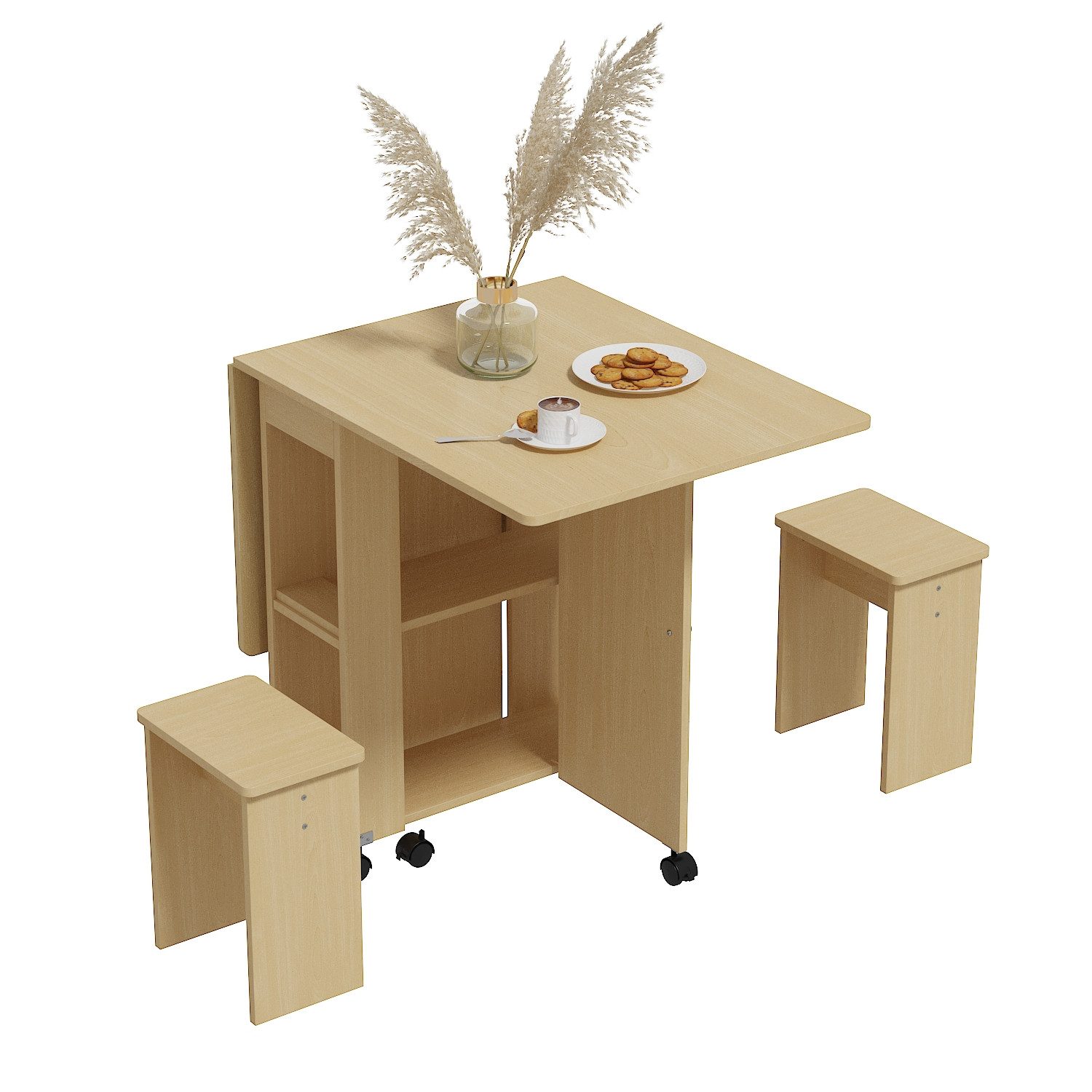 FUFU&GAGA Klapptisch Klappbarer Esstisch mit Hocker und Rollen, MDF, Natur, günstig online kaufen