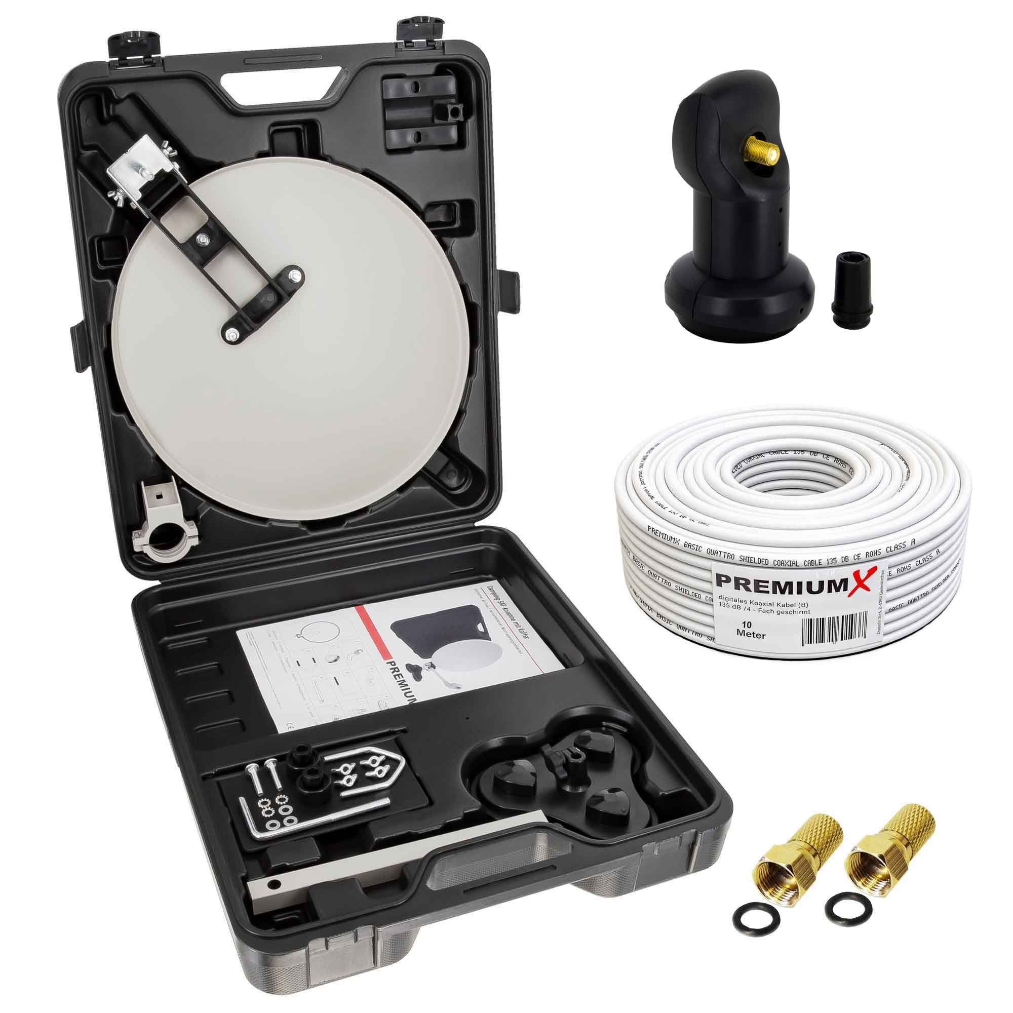 PremiumX Camping SAT Anlage Antenne Single LNB 10m Kabel Stecker im Koffer SAT-Antenne