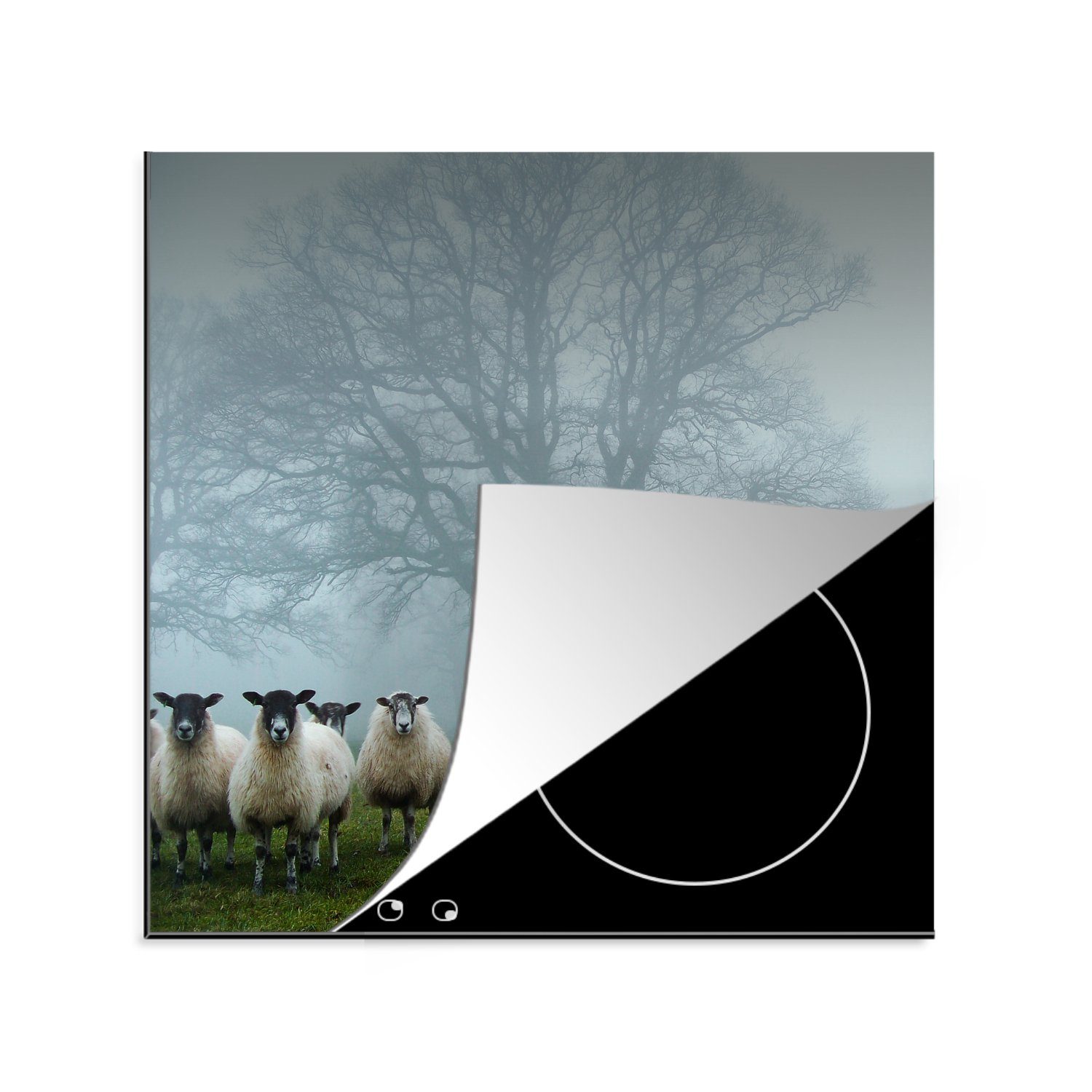 MuchoWow Herdblende-/Abdeckplatte Schaf - Baum - Nebel, Vinyl, (1 tlg), 78x78 cm, Ceranfeldabdeckung, Arbeitsplatte für küche