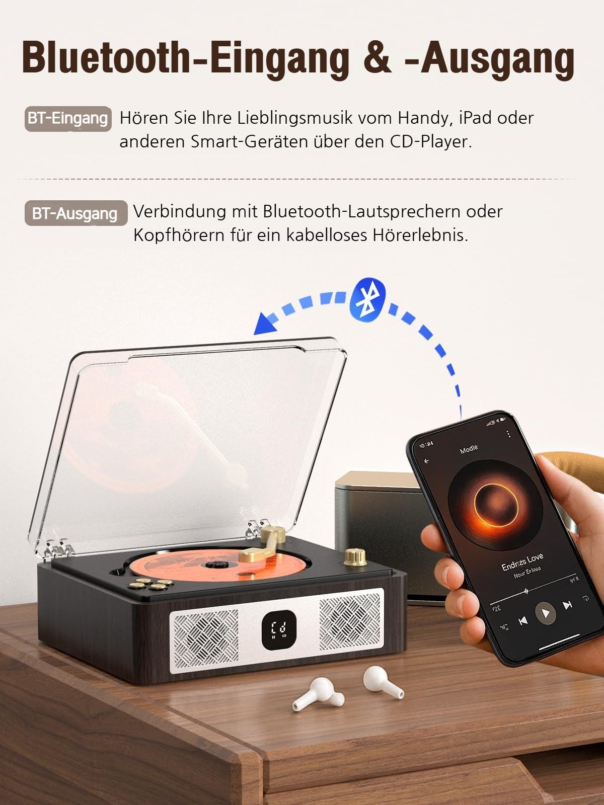 Tekoo Tragbarer CD-Player Bluetooth 5.4, 3600mAh Akku, USB & AUX, Holzoptik CD-Player (Bluetooth, Retro-Design, USB-Aufnahme, Optischer Ausgang, Stereo-Lautsprecher)