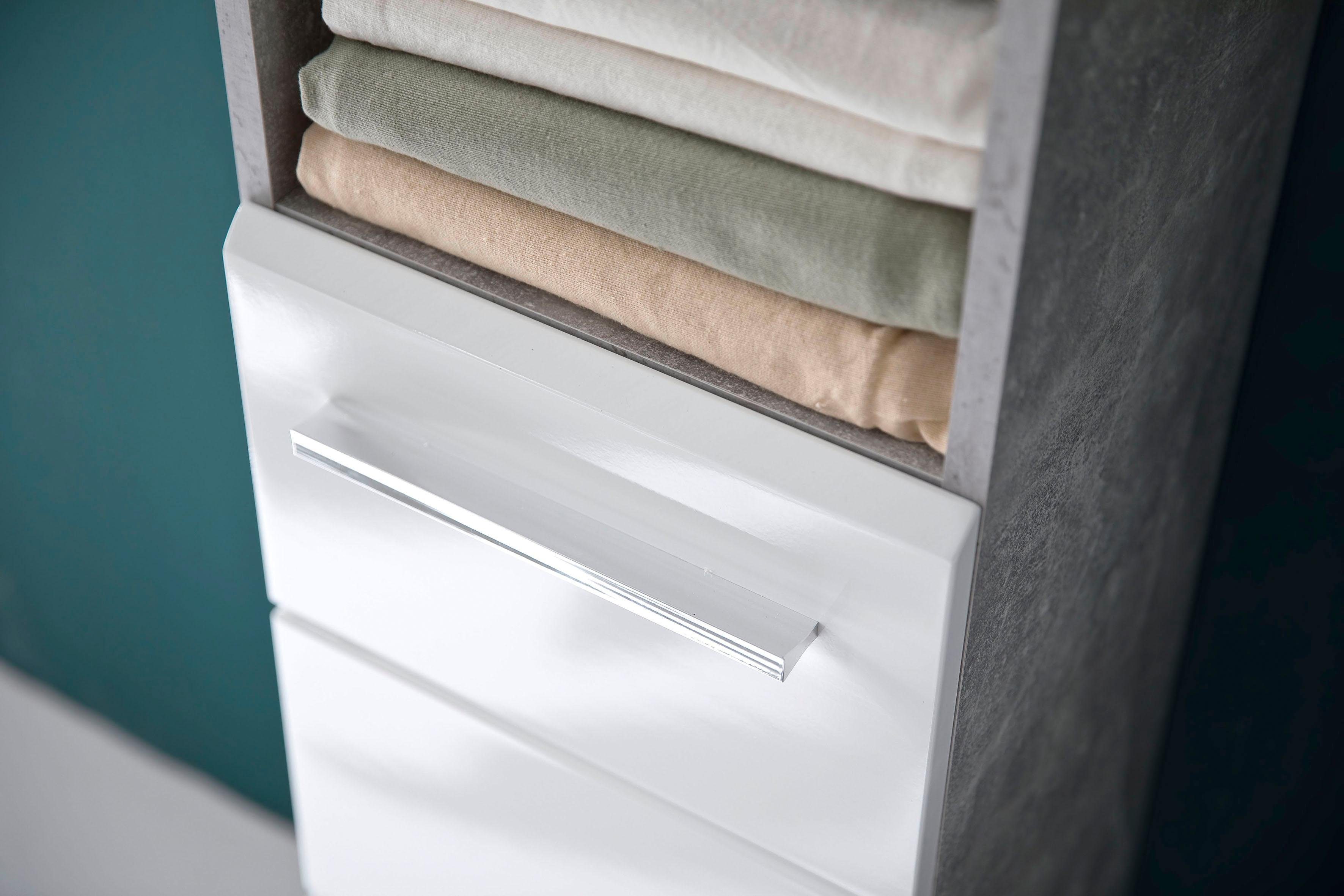 trendteam Unterschrank Nano Badkommode in Weiß Hochglanz/Beton mit chromglänzenden Griffen