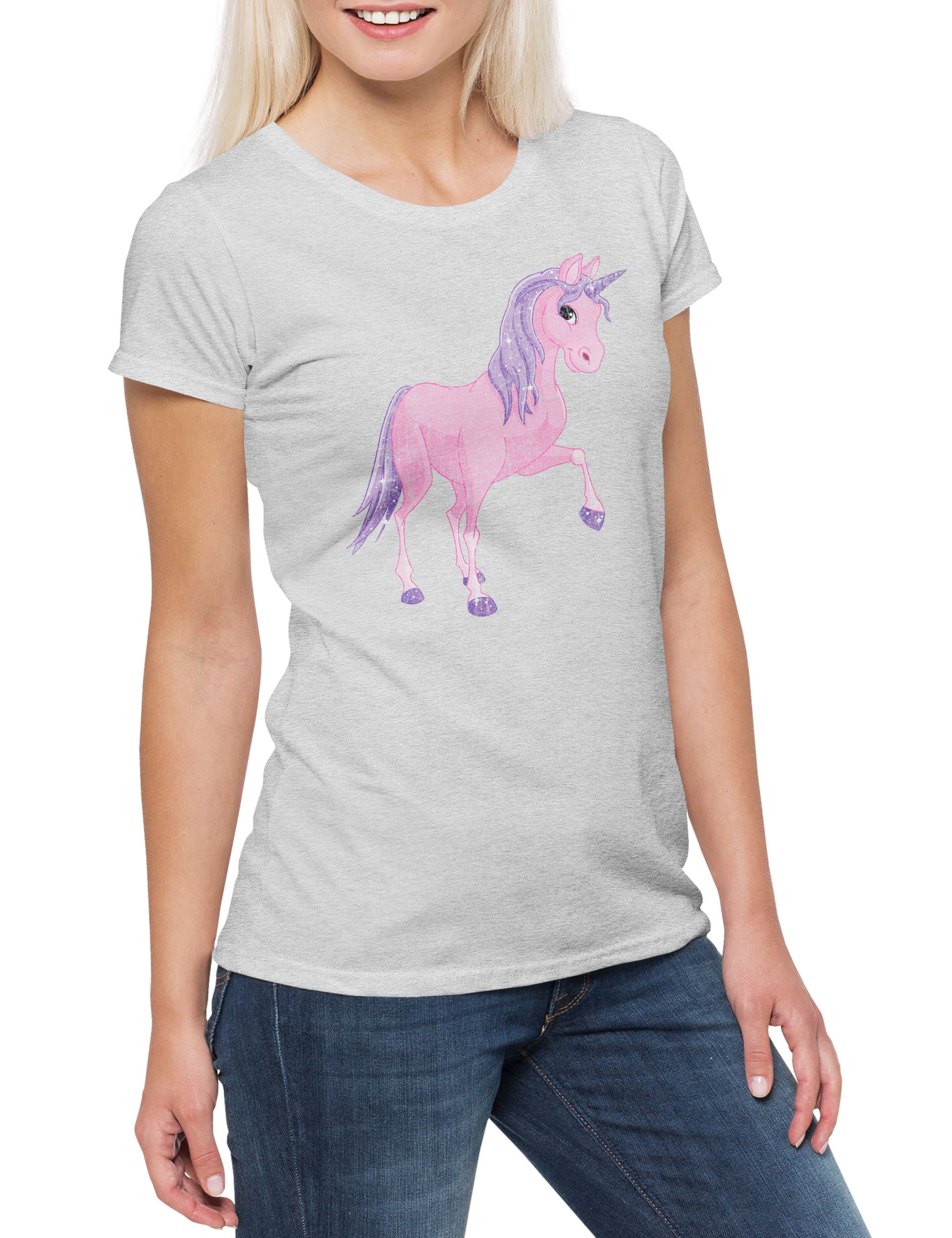 Print-Shirt Pink Unicorn Damen T-Shirt Einhorn Einhörner Toon Cartoon Comic Look