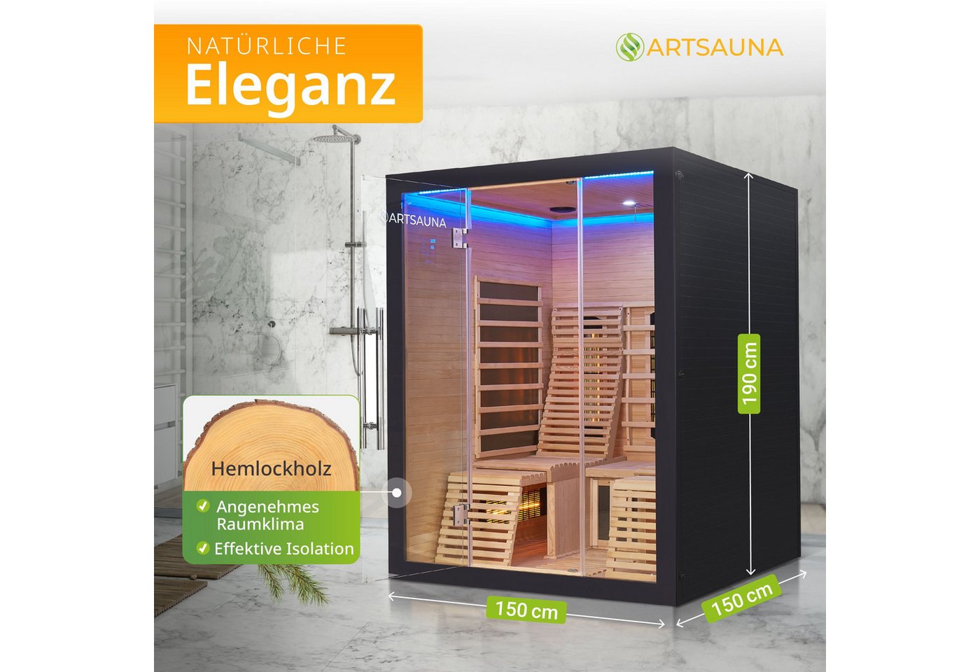 Thumbnail - Artsauna Infrarotkabine Helsinki150 Dual Technology, BxTxH: 150 x 150 x 190 cm, für 3 Personen, Hemlockholz, HiFi-System...