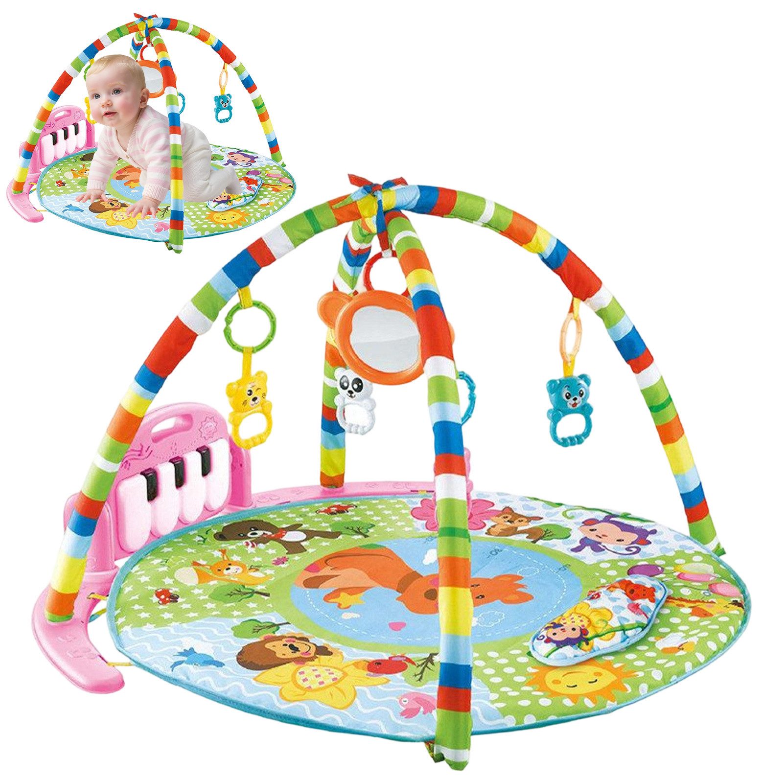 MOPUEA Spielbogen Baby Fitness Stand Klavier Spiel Matte Krabbeldecke, Musiktasten rosa, (1-tlg., Größe: 84 × 76,5 × 50 cm), Praktisch für unterwegs und leicht zu pflegen