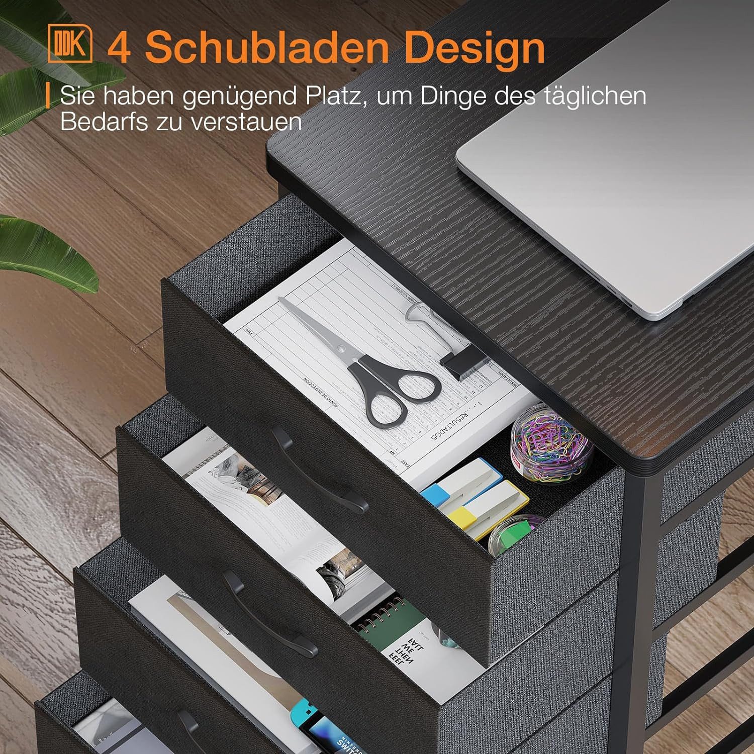 ODK Eckschreibtisch L-Form mit 4 Schubladen, 2 USB Ladeanschlüssen & 2 Steckdosen