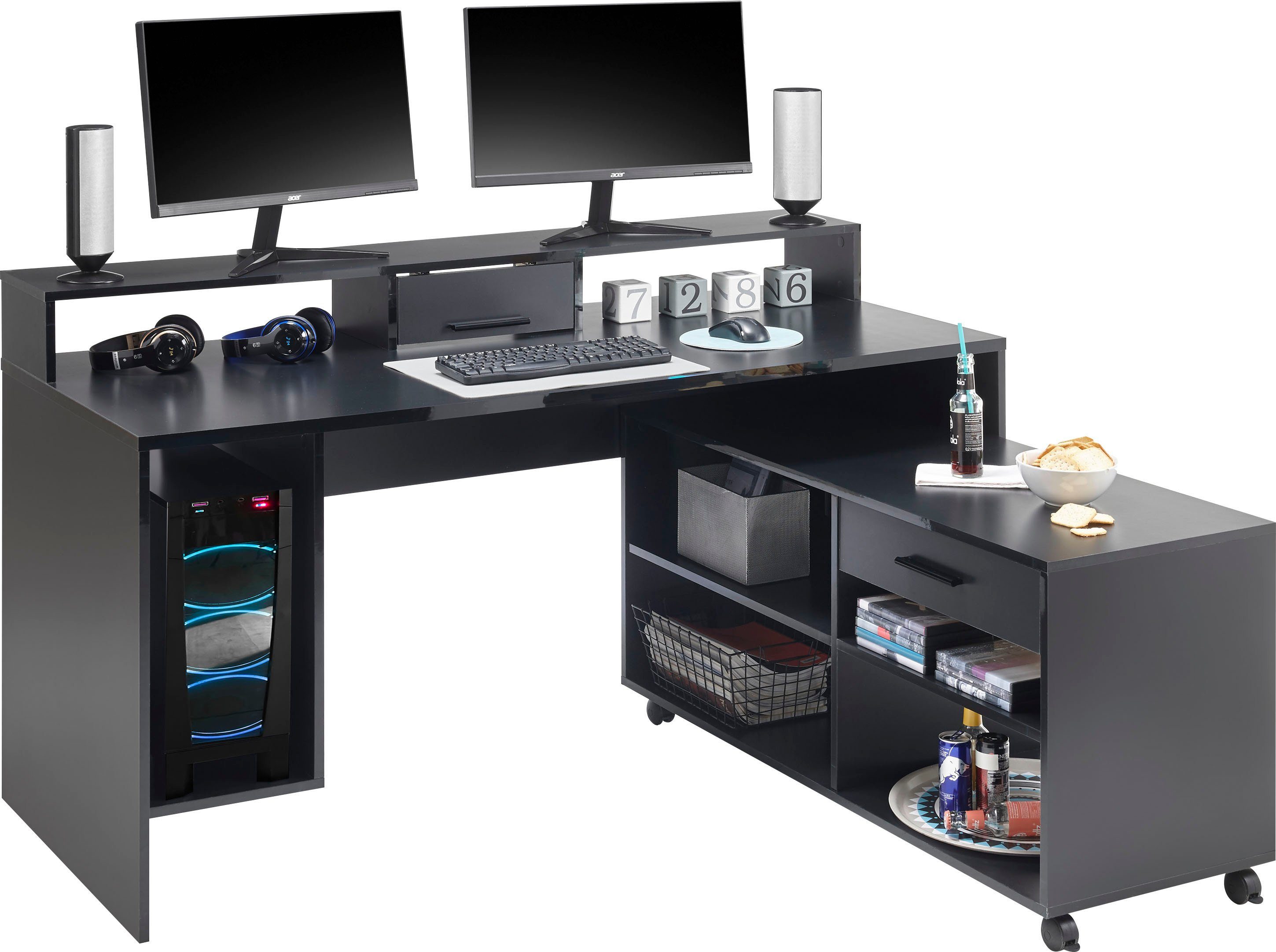 BEGA OFFICE Gamingtisch Computertisch Rollcontainer RGB-LED mit Schwarz Highscore, Farbwechsel, inkl