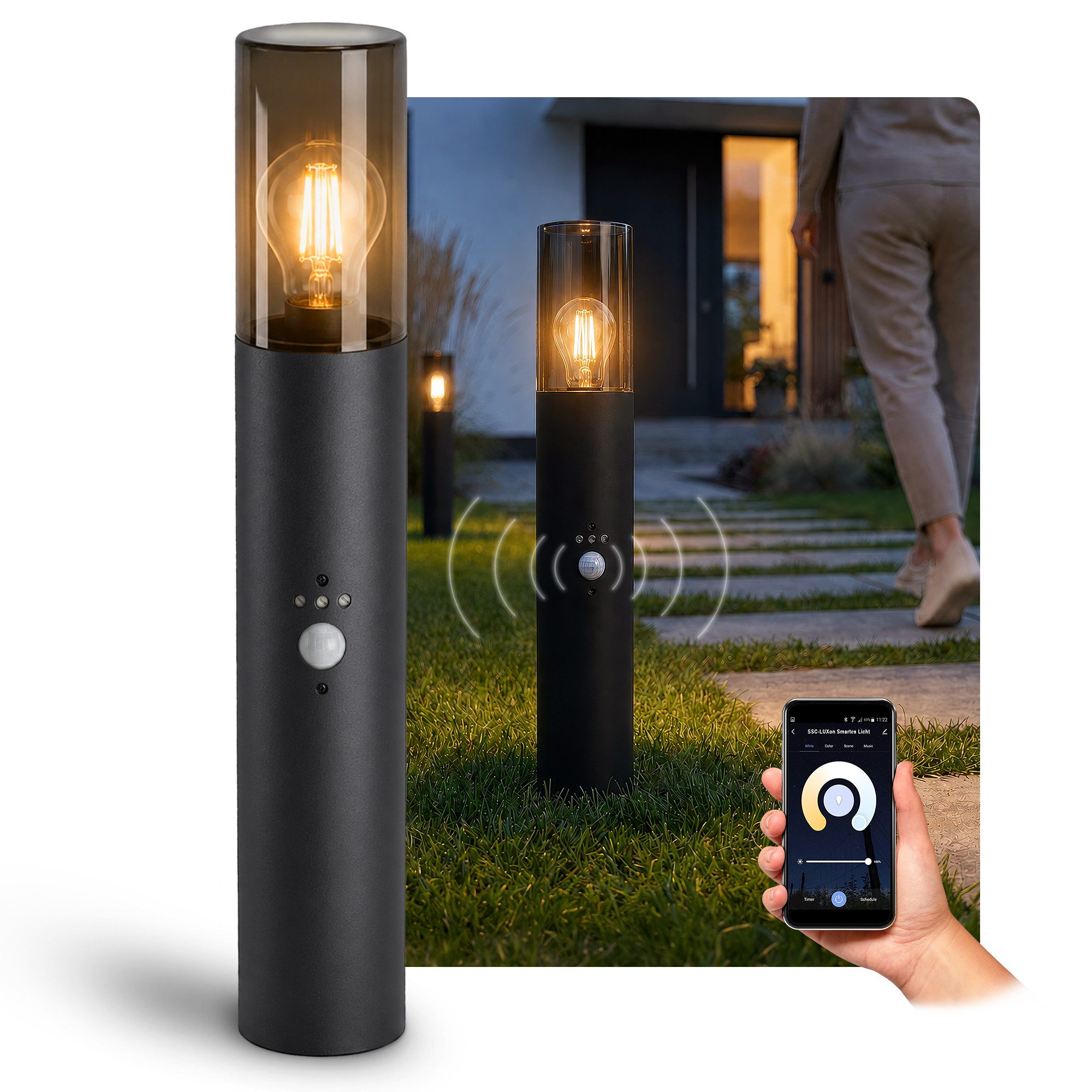 SSC-LUXon LED Gartenstrahler VARDA Wegeleuchte mit Bewegungsmelder Smart LED E27 WLAN warm kalt, Neutralweiß, Warmweiß, Tageslichtweiß