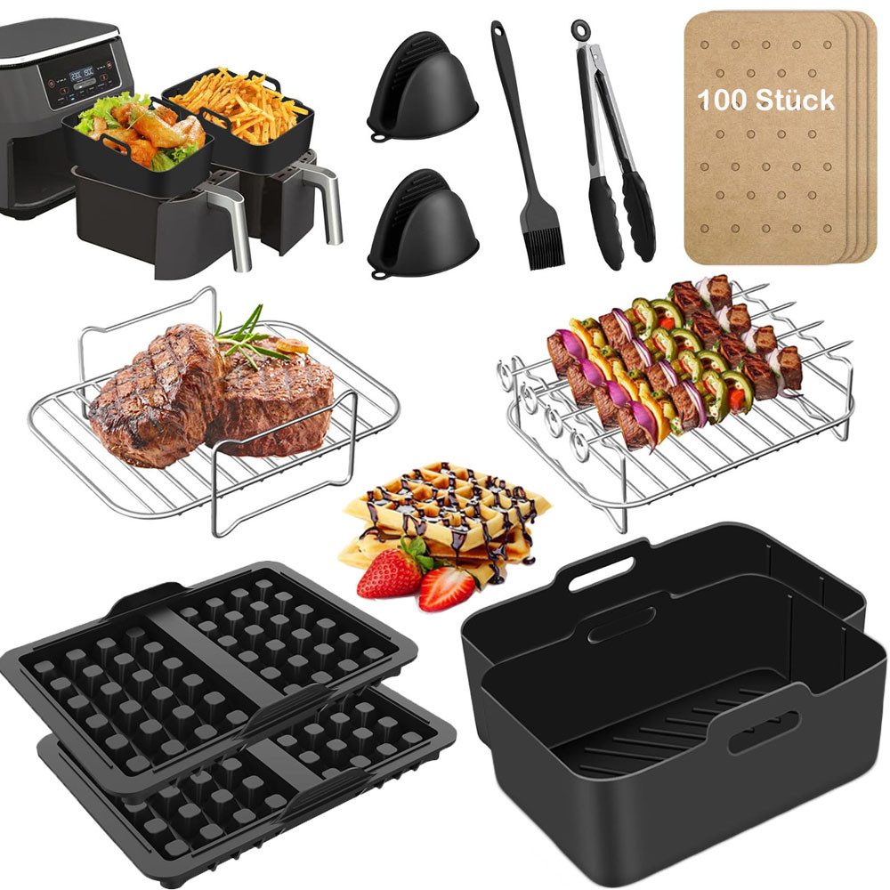 SURFOU Backform Heißluftfritteuse zubehör Waffelformen für Ninja15-teilig BPA-frei, (für Ninja Foodi AF300EU AF400EU 7,6L-9,5L und die meisten Dual Zone Heißluftfritteusen, 304Edelstahl, BPA-Frei, Lebensmittelechtes Silikon, Silikonformen, Waffelformen, Metallspießhalter, Spießhalter, Backpapier 15-tlg), Schnell zubereitet, gesund, fettarm