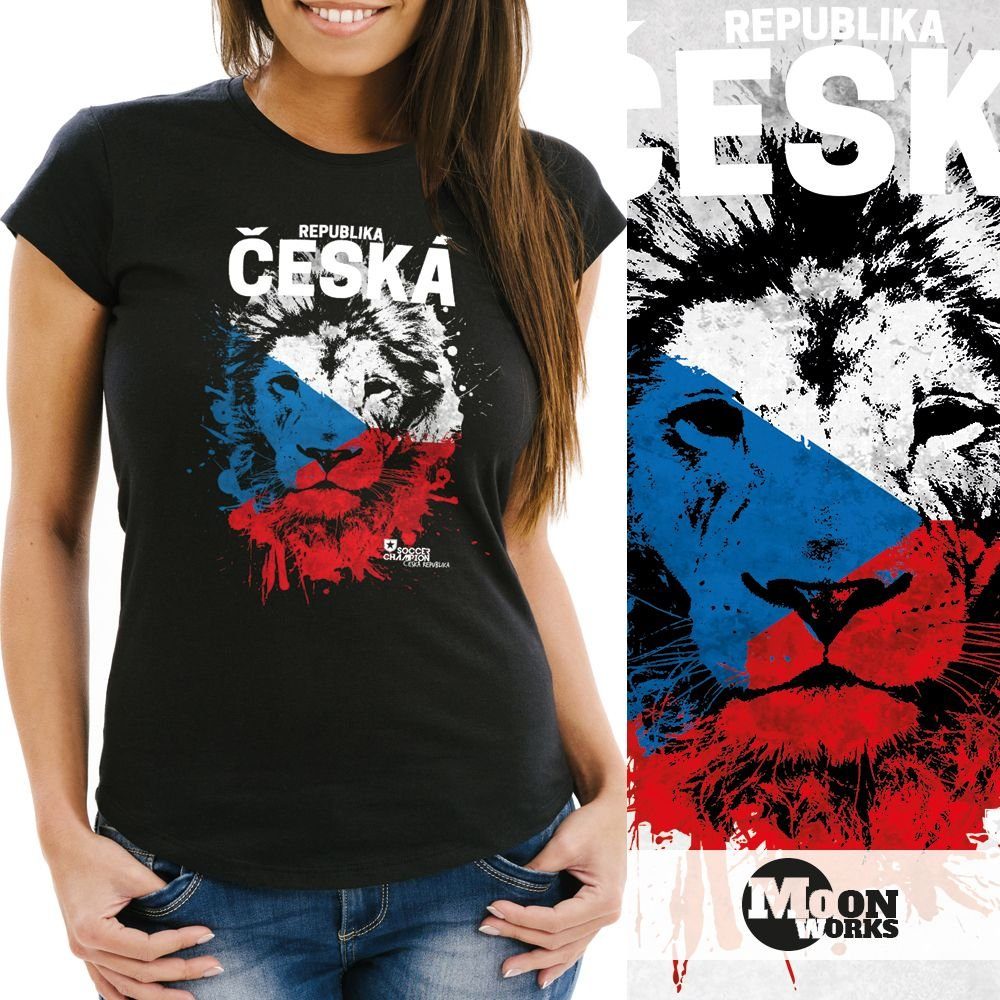 MoonWorks Print-Shirt Damen T-Shirt Fanshirt Česká republika Fußball EM WM Löwe Tschechien mit Print