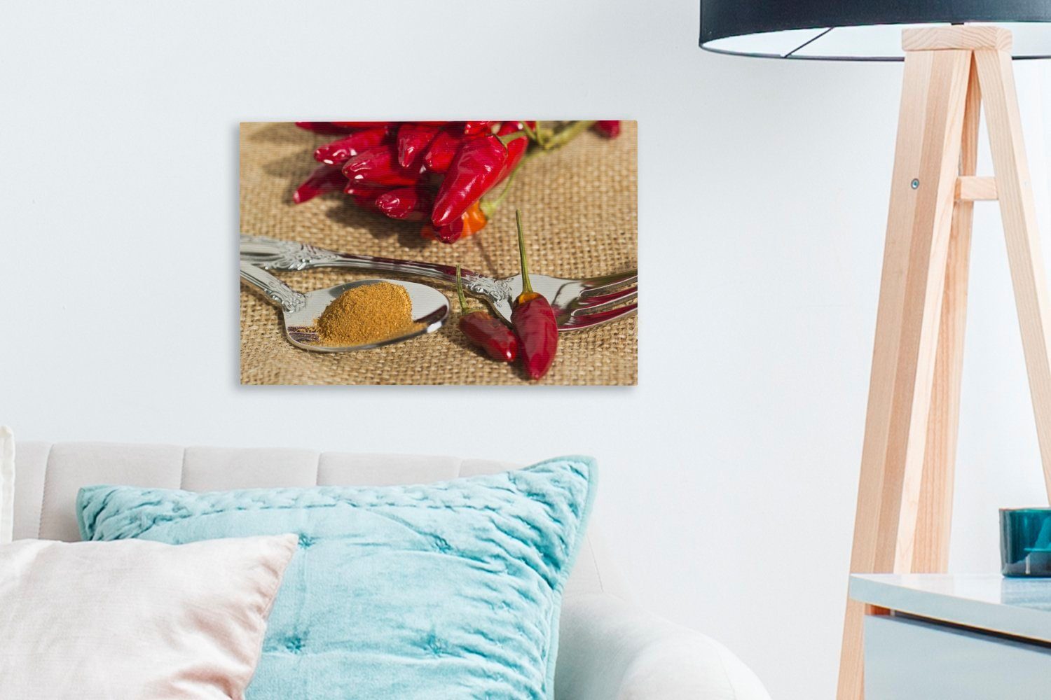 Wandbild Löffel, OneMillionCanvasses® Chili Leinwandbild (1 30x20 St), Aufhängefertig, cm Leinwandbilder, mit auf einem Cayennepfeffer Wanddeko,