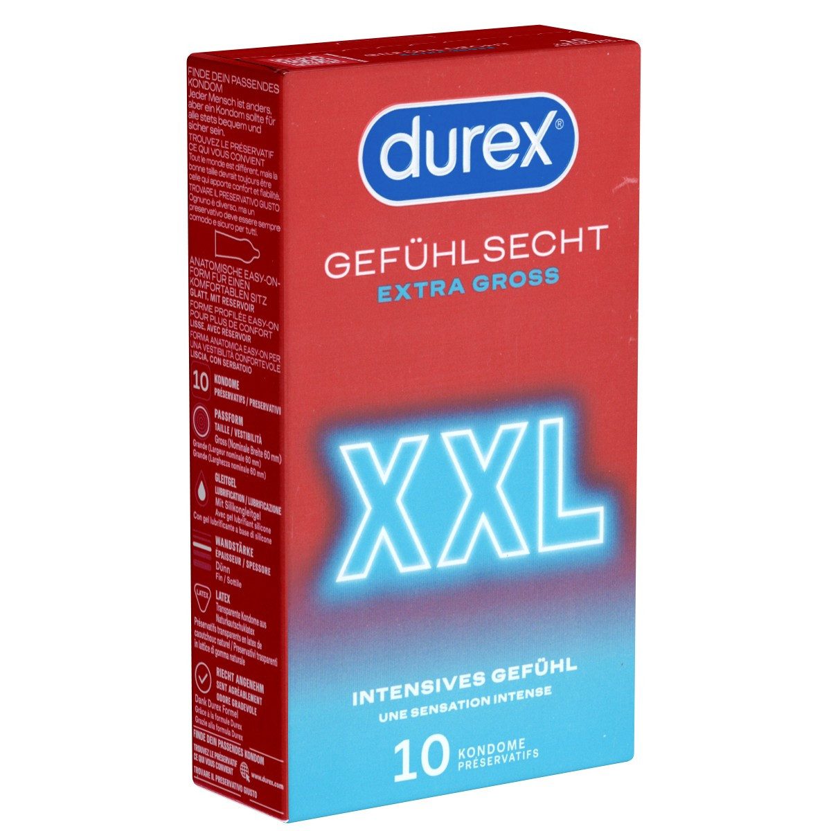 durex XXL-Kondome Gefühlsecht XXL Packung mit, 10 St., extra große und hauchzarte Markenkondome mit Easy-On™-Passform