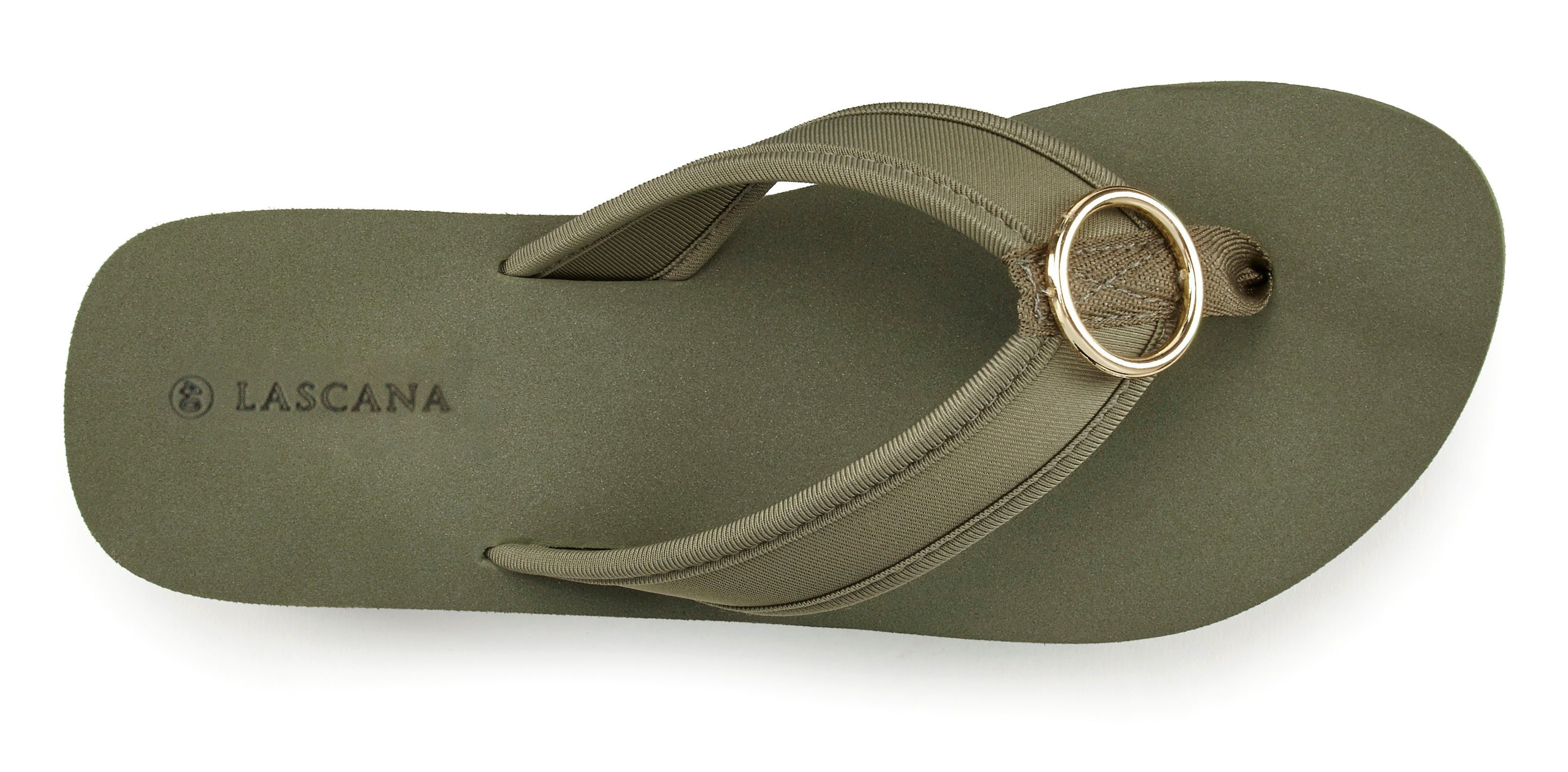 LASCANA Sandale, Badeschuh, Pantolette, Badelatsche, Flip Flop, Sommerschuh, Badezehentrenner Zehentrenner mit Ringapplikation "Italy" VEGAN