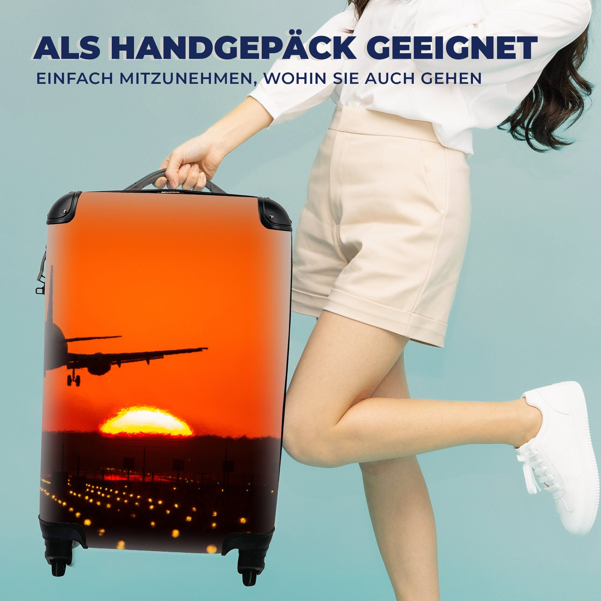 Reisetasche mit Sonnenuntergang - - 4 Orange MuchoWow Ferien, Trolley, - Handgepäck Handgepäckkoffer für Flugzeug Reisekoffer rollen, Rollen, Sonne,