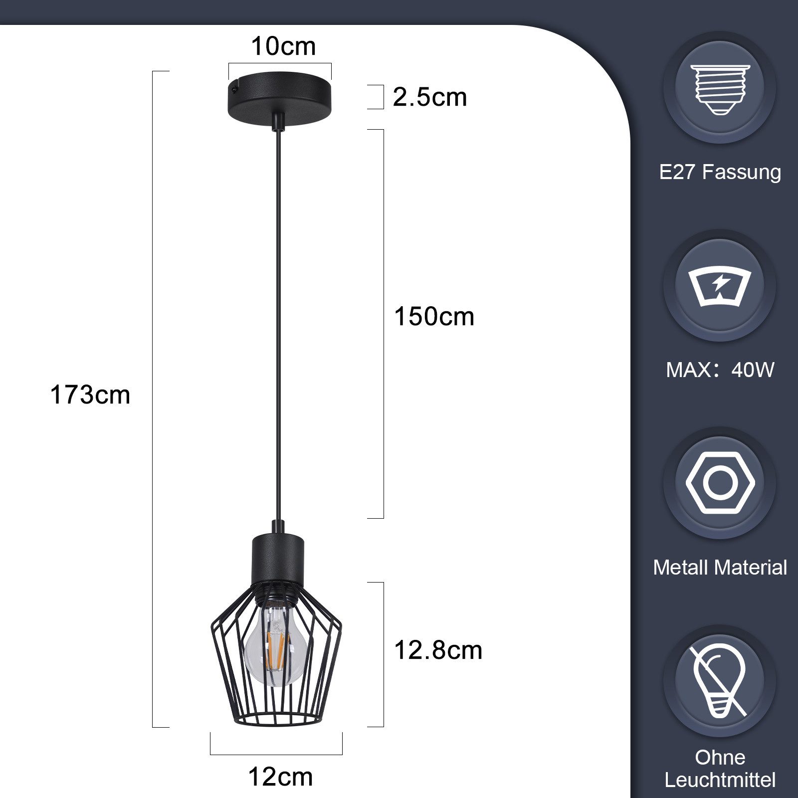 ZMH Pendelleuchte Esszimmer Schwarz 1 Flammig Industrie Esstisch Hängend Lampe für Küche, Robuste Struktur, Einfache Installation, ohne Leuchtmittel, Einstellbare Länge MAX. 40W Schlafzimmer Cafe