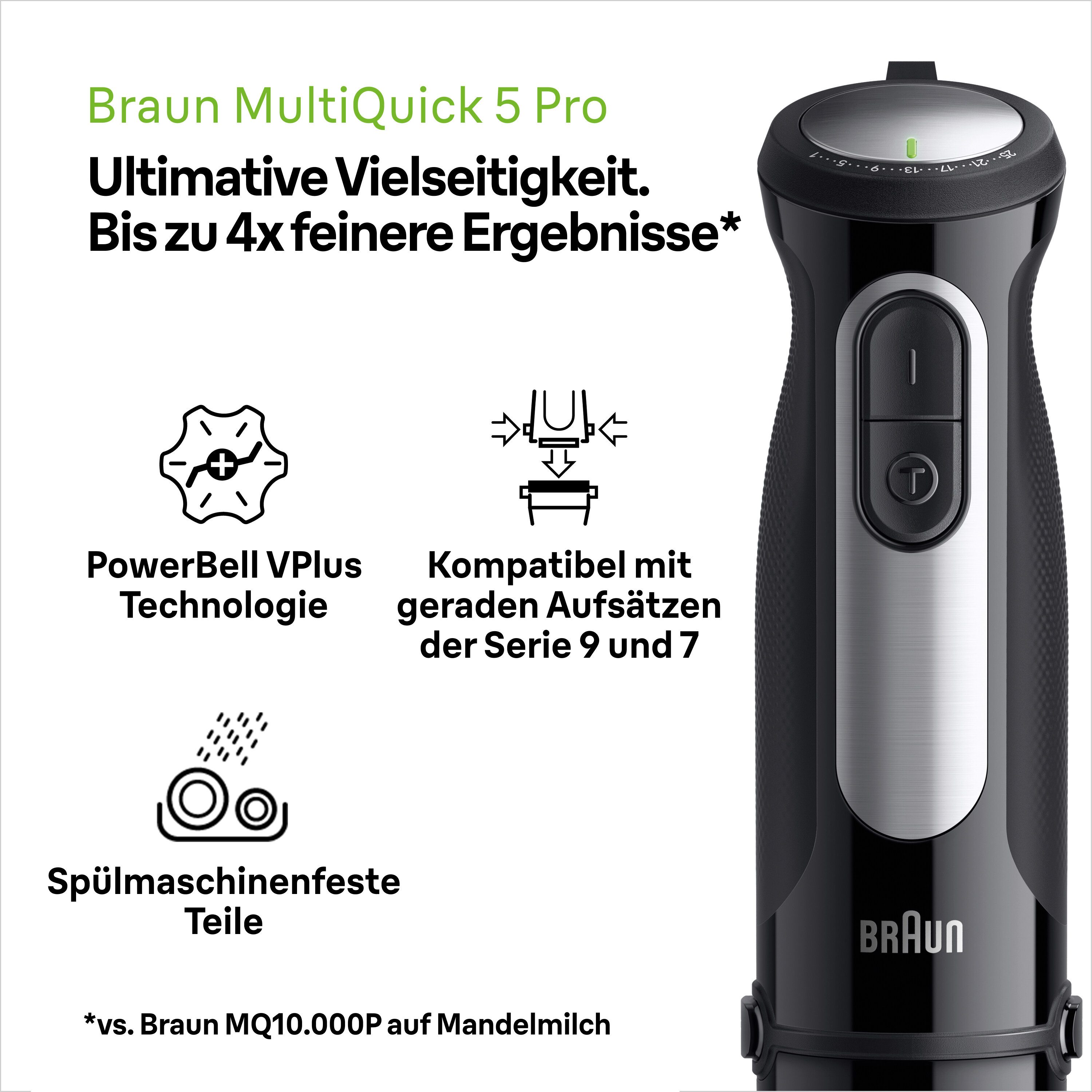 Braun Stabmixer MultiQuick 5 Pro MQ 55001 M - 1000W, 25 Geschwindigkeiten Spritzschutz, 1000 W, Extra Mahlklinge, Pürierstab, Mixer, Zubehör spülmaschinenfest