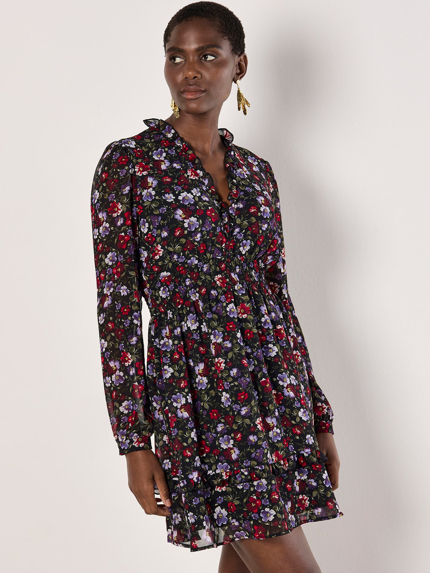 Apricot Druckkleid Geblümtes Chiffon-Minikleid (1-tlg) mit elastischer Tail günstig online kaufen