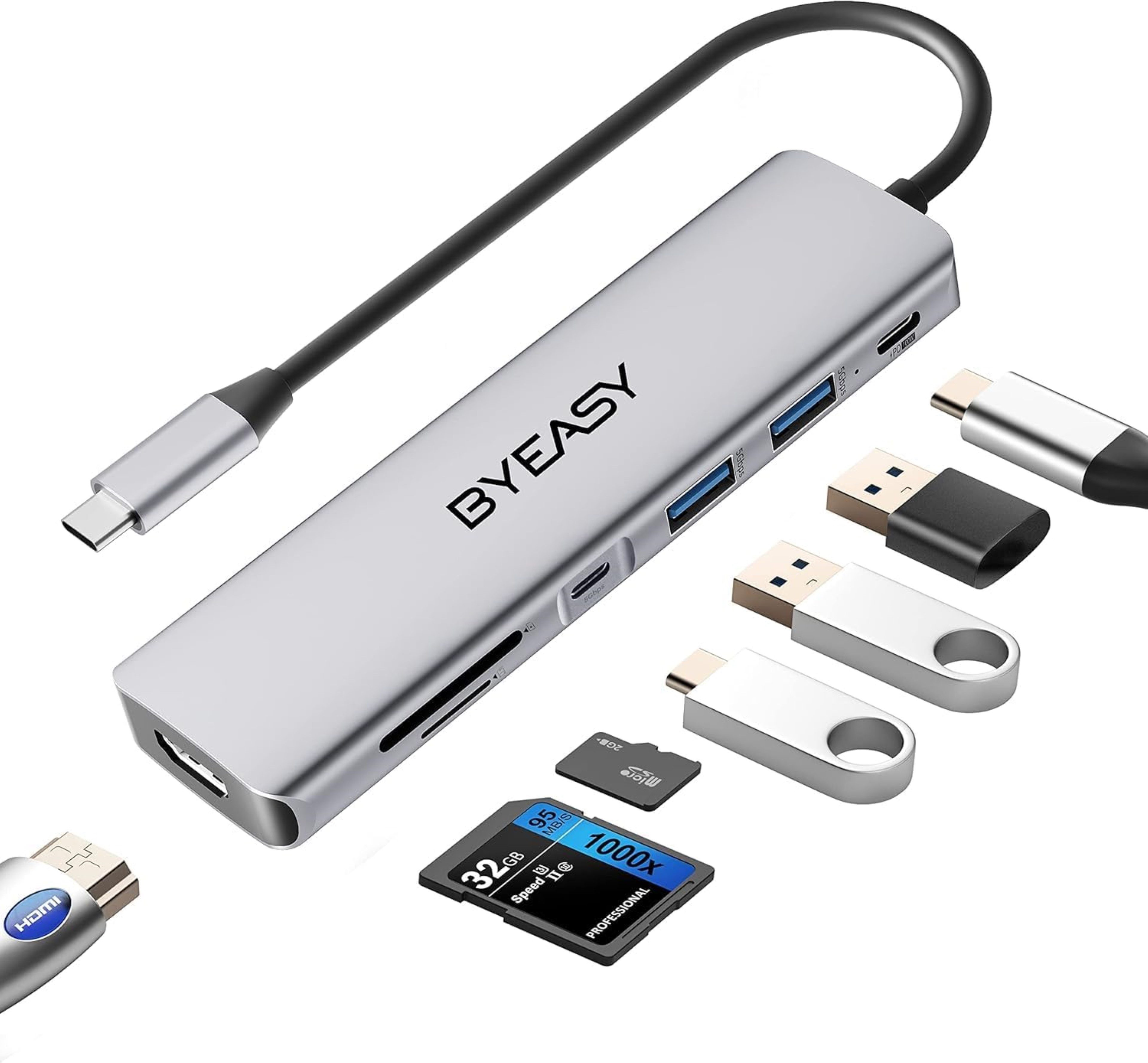 BYEASY USB-Verteiler 7in1 USB C Hub Dockingstation mit 4K HDMI 100W PD SD/TF Kartenleser (USB-C Multiport-Adapter für MacBook und andere Geräte., Inklusive 1 USB-C Hub mit 7 Anschlüssen für vielseitige Nutzung), 7in1 USB C Hub mit 4K HDMI, 100W Power Deli