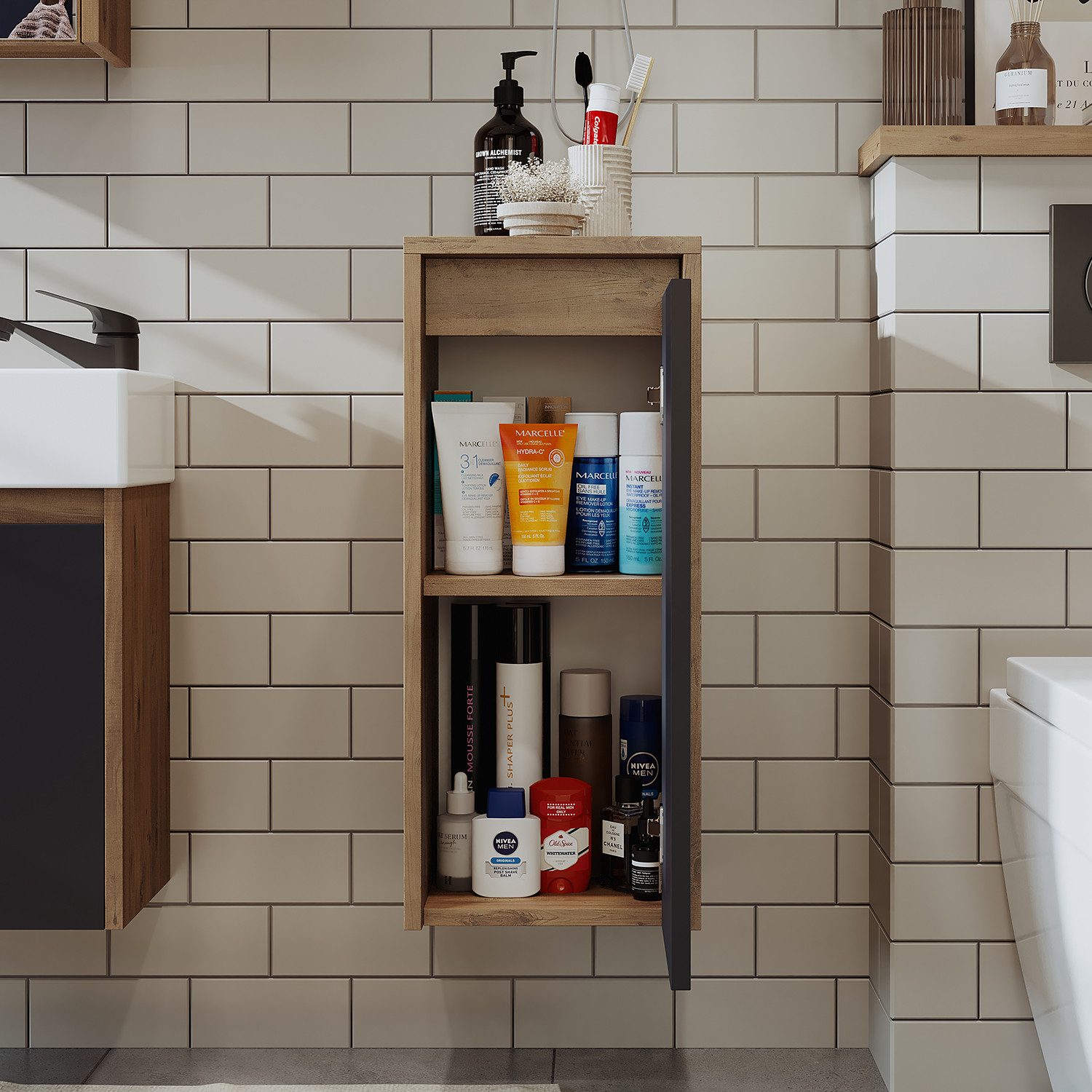 Roomart Badmöbel-Set LEO Gäste-WC Möbel 4-teilig, Unterschrank & Spiegel, Soft-Close, (Badmöbelset Unterschrank mit Waschbecken Badezimmer Möbel Gäste WC), Kompaktes Gäste-WC-Set, modular wählbar, Soft-Close