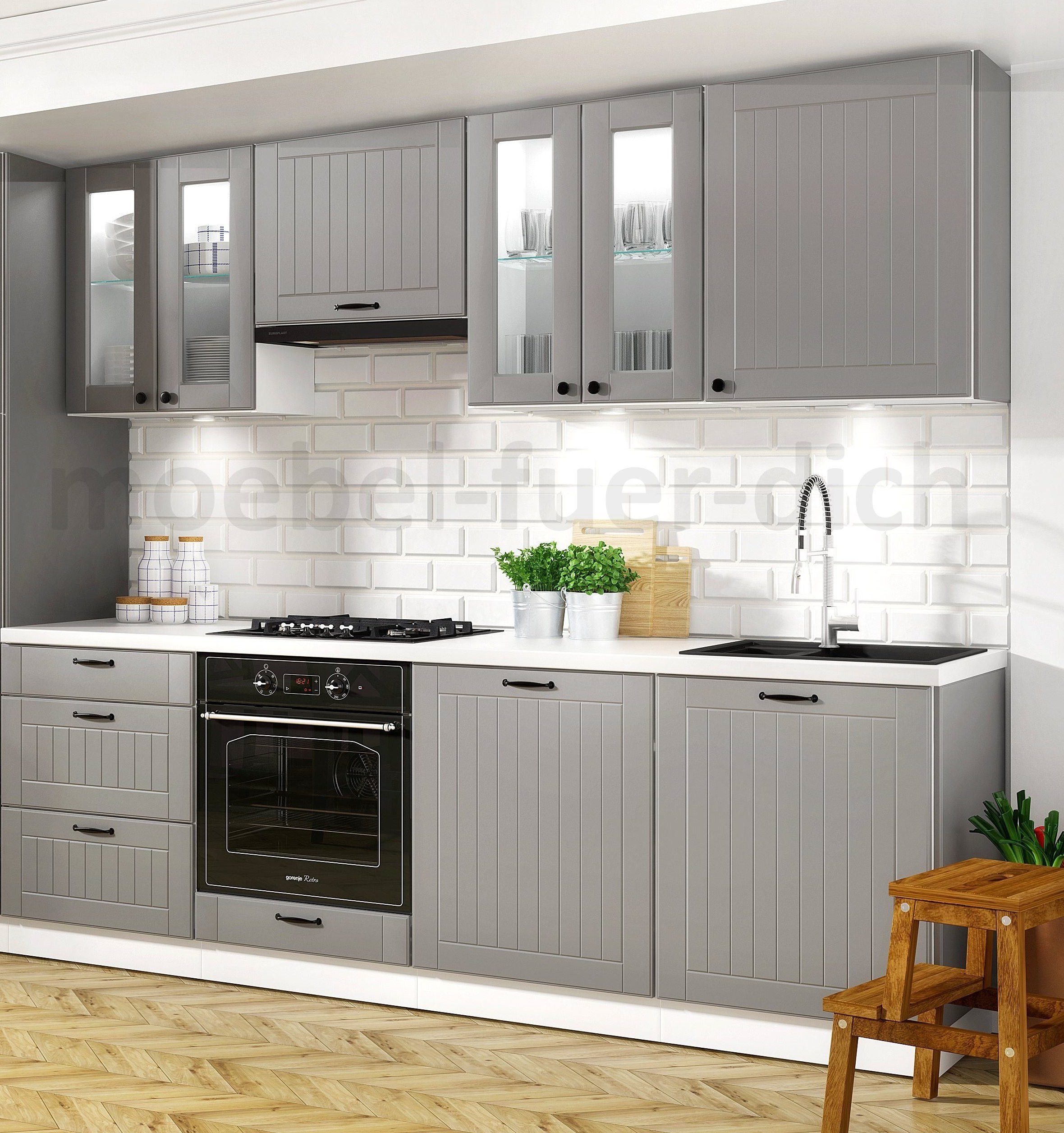 Möbel für Dich Küchenzeile Landhausküche Lora Einbauküche 240 cm 8-teilig, günstig online kaufen