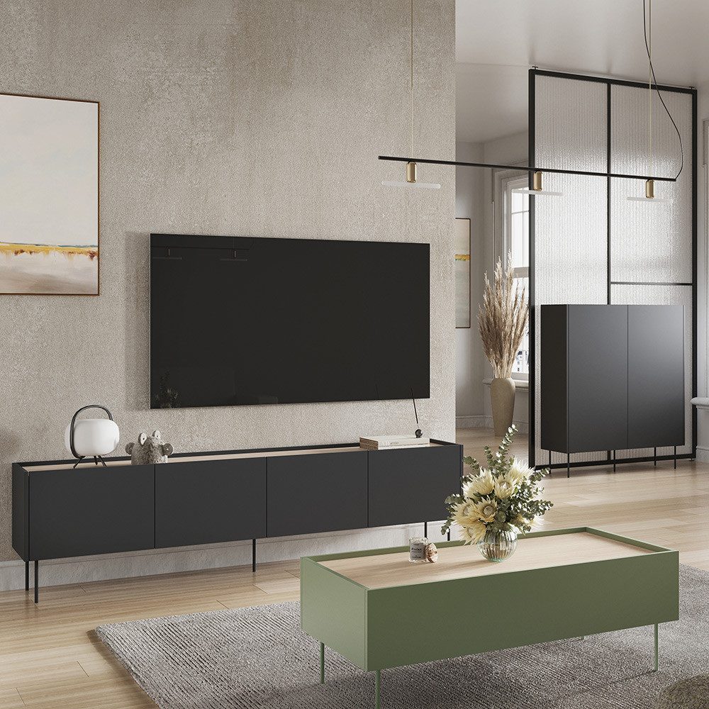 Lomadox Wohnzimmer-Set DELFT-141, (Mega-Spar-Set, 3-St., Couchtisch Highboard Lowboard), in schwarz und olivgrün mit Eiche, Metallfüße, modern, grifflos