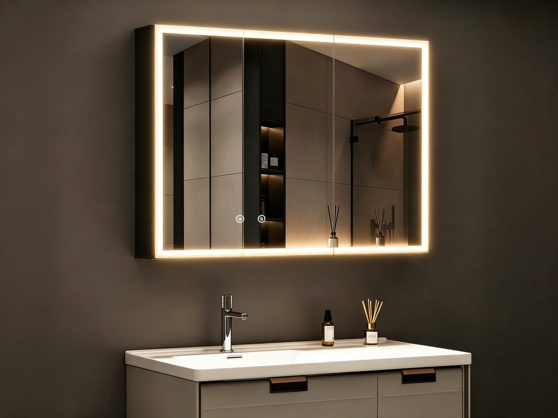 WDWRITTI Spiegelschrank Aluminum Badezimmerspiegelschrank 80cm breit mit LED Beleuchtung (Badschrank Schwarz matt 2-türig, 80x13,5x60cm) Doppelseitiger HD-Spiegel, Kaltweiß, Neutral, Warmweiß