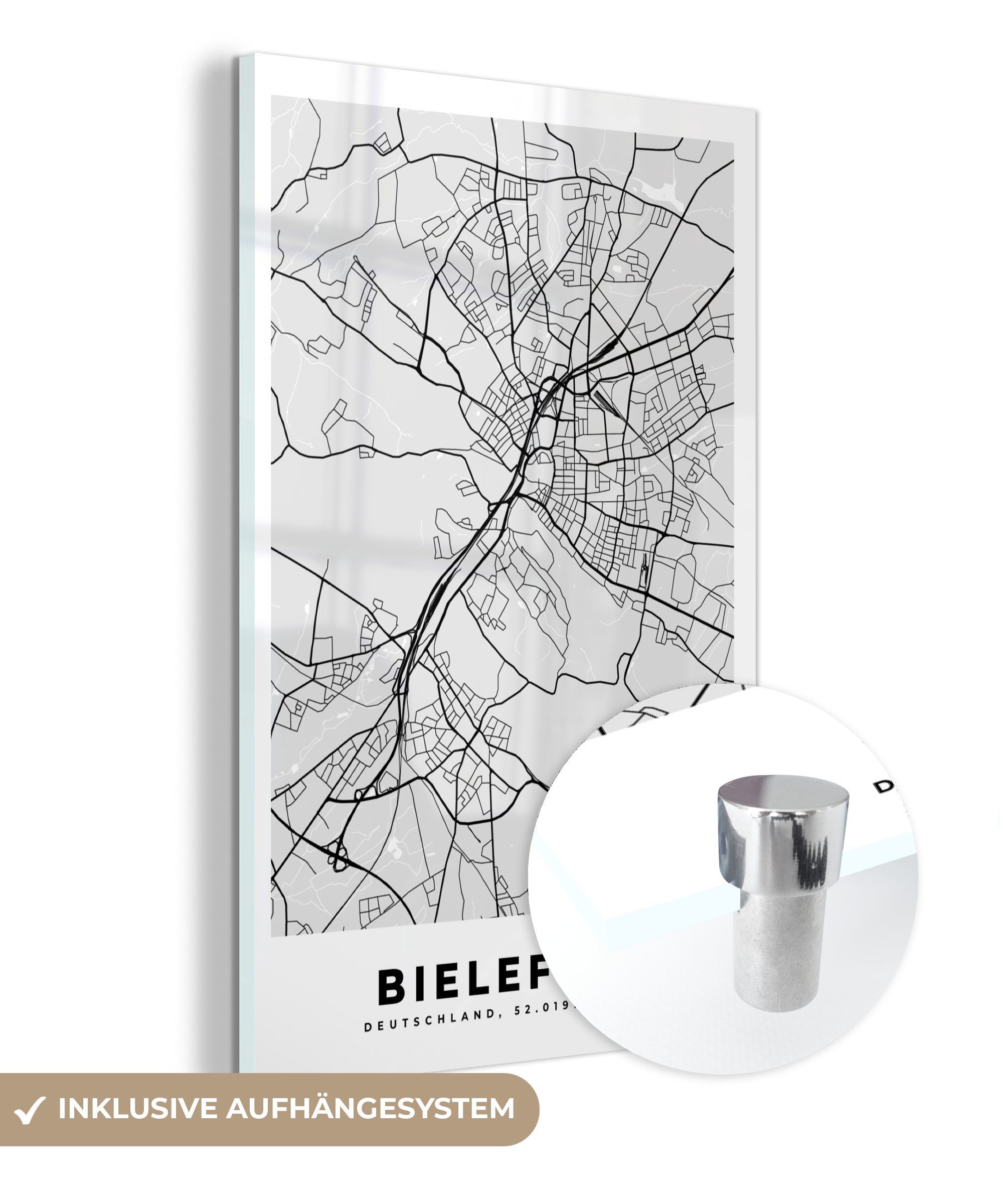 MuchoWow Acrylglasbild Deutschland - Karte - Bielefeld - Stadtplan, (1 St),  Glasbilder - Bilder auf Glas Wandbild - Foto auf Glas - Wanddekoration