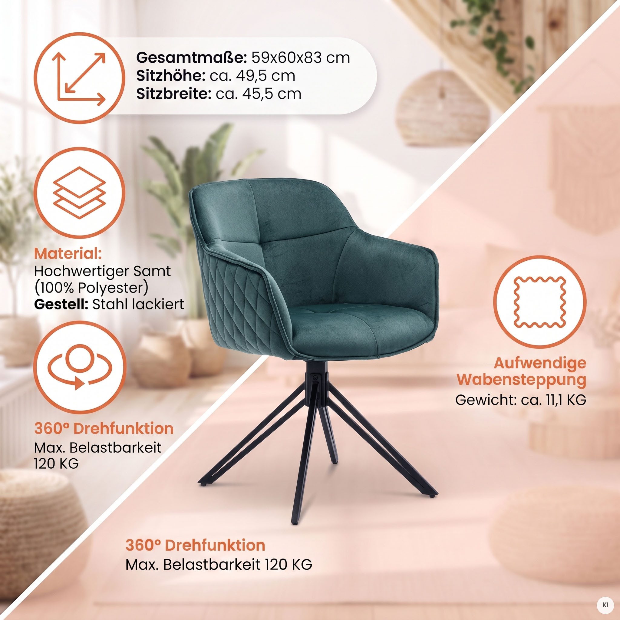 SalesFever Armlehnstuhl Stilvoller Esszimmerstuhl, mit 360° Drehfunktion – Bild 4 von 5