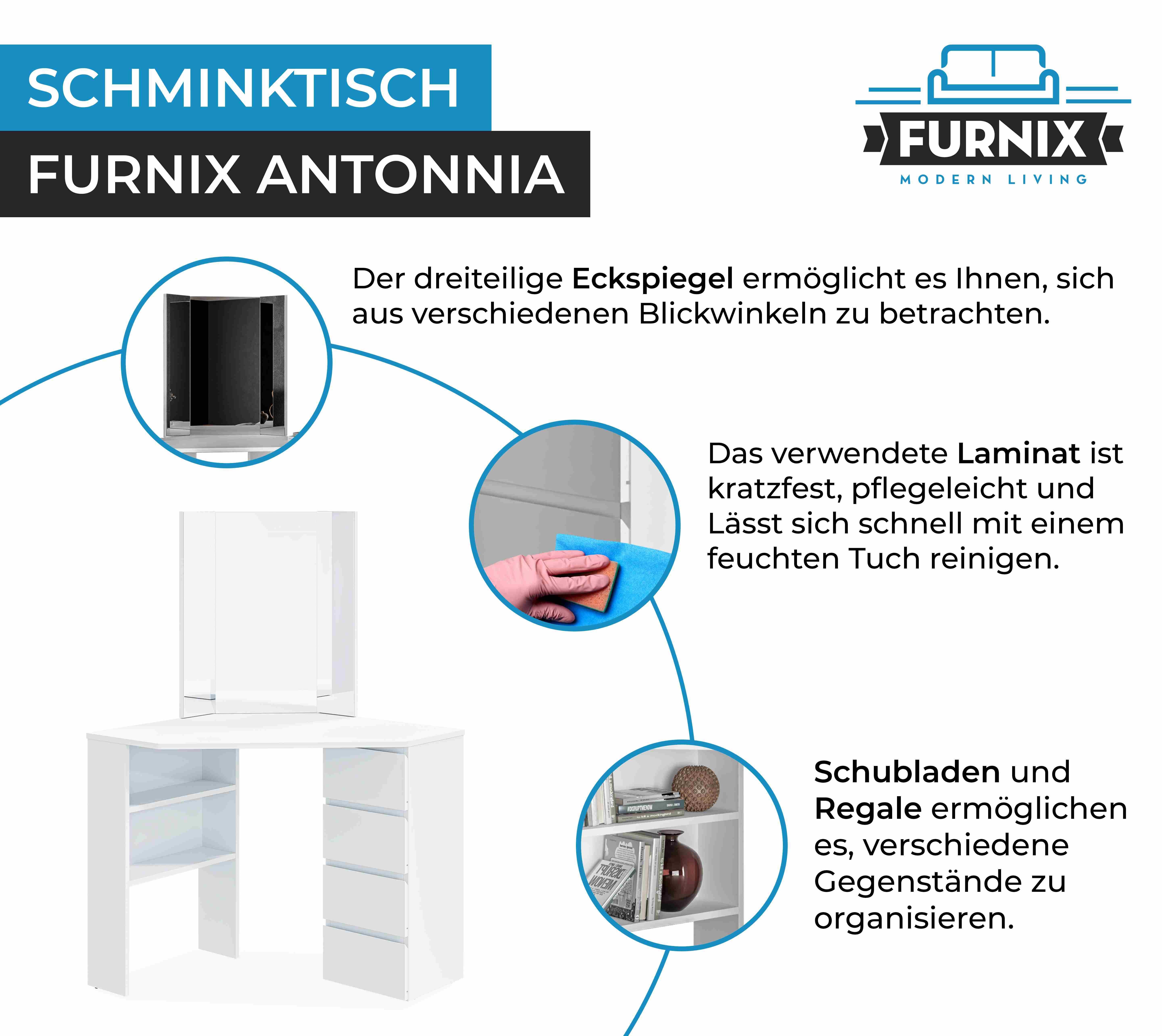 in Eck-Frisiertisch x x mit Weiß, 3-teiliger Furnix Schminktisch cm, Europe Spiegel, Ablagen B80 H140 T80 made ANTONNIA Spiegel Schubladen &