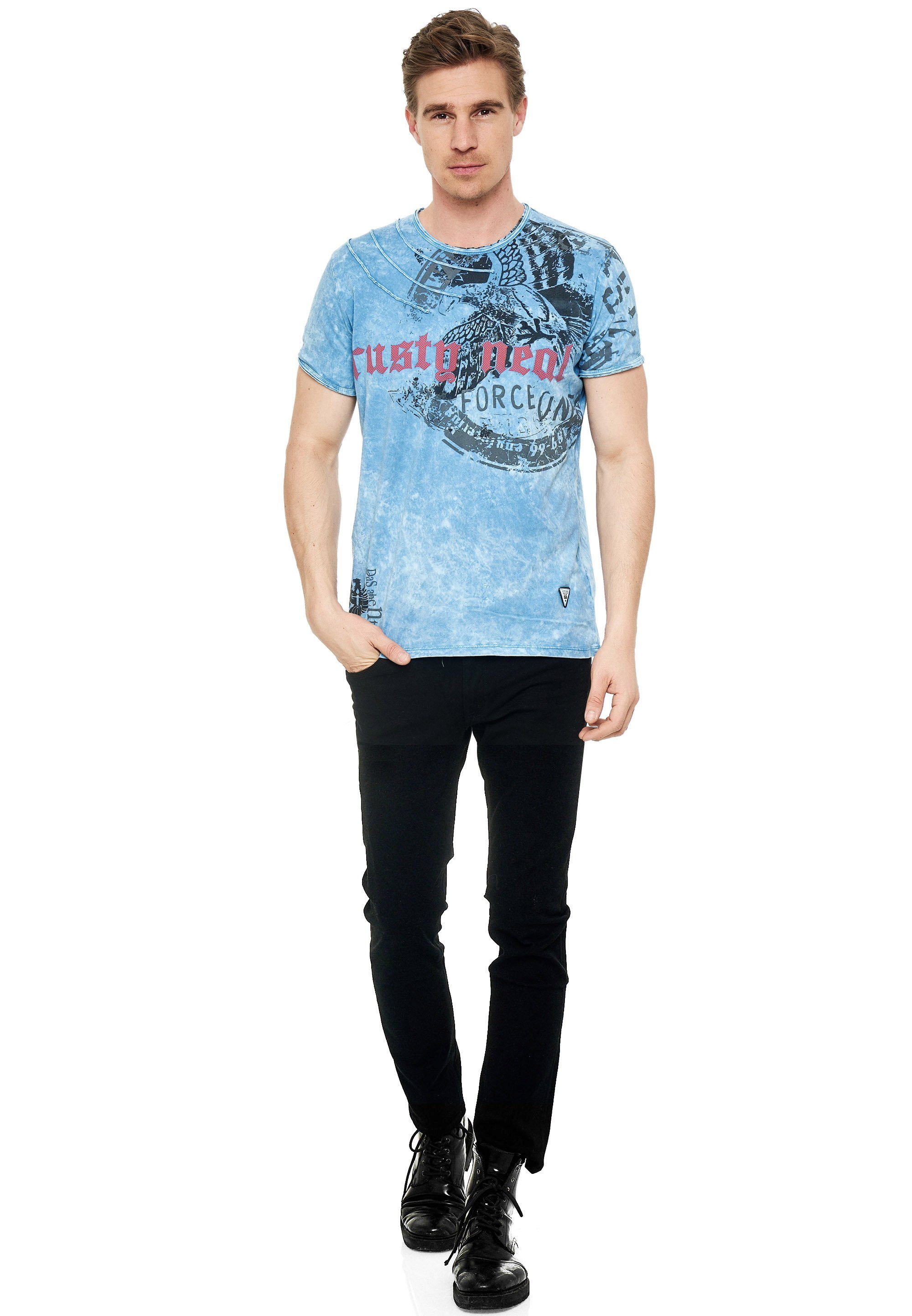 Rusty Neal T-Shirt mit hellblau eindrucksvollem Print