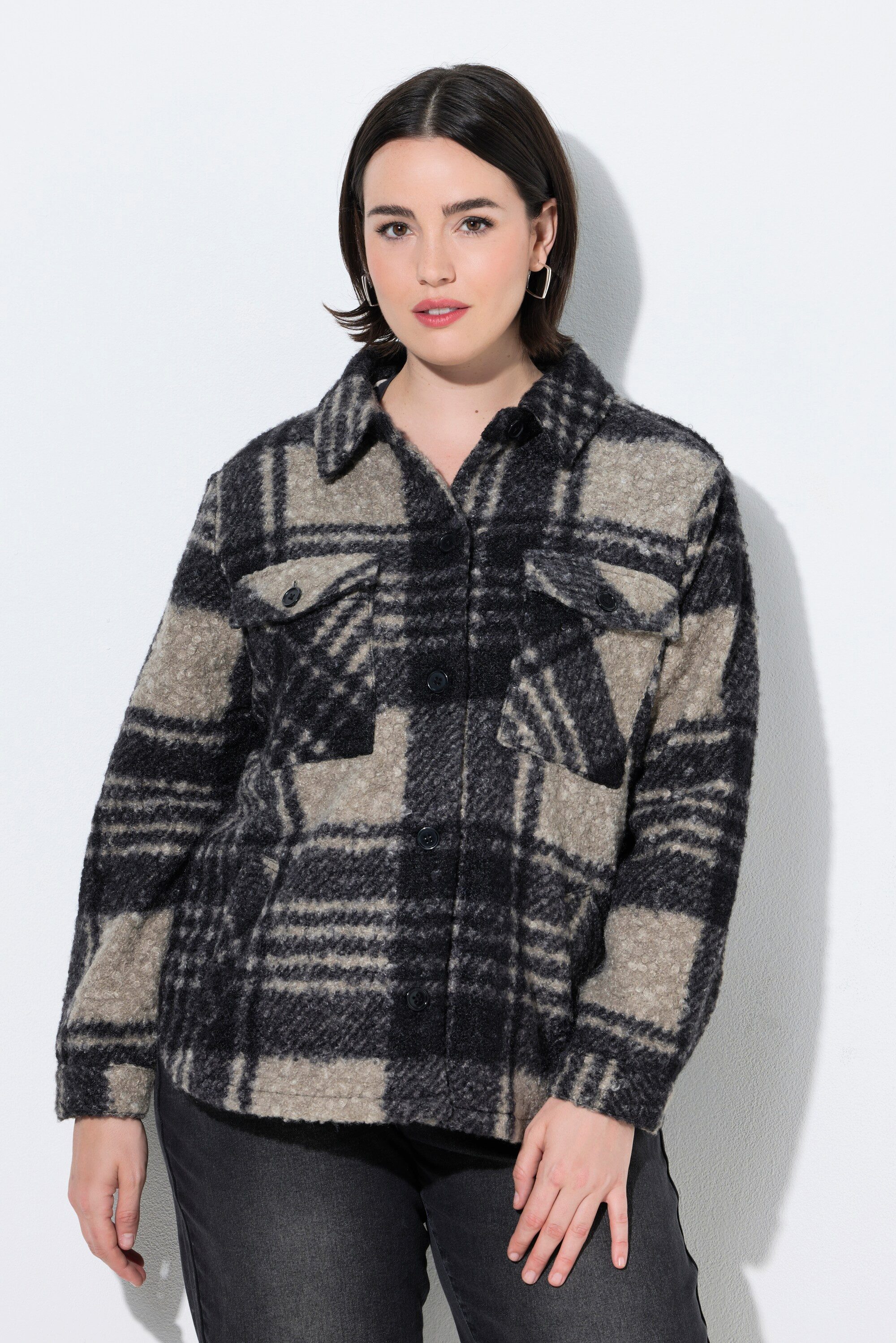 Ulla Popken Sommerjacke Teddy-Shaket Karomuster Hemdkragen Langarm