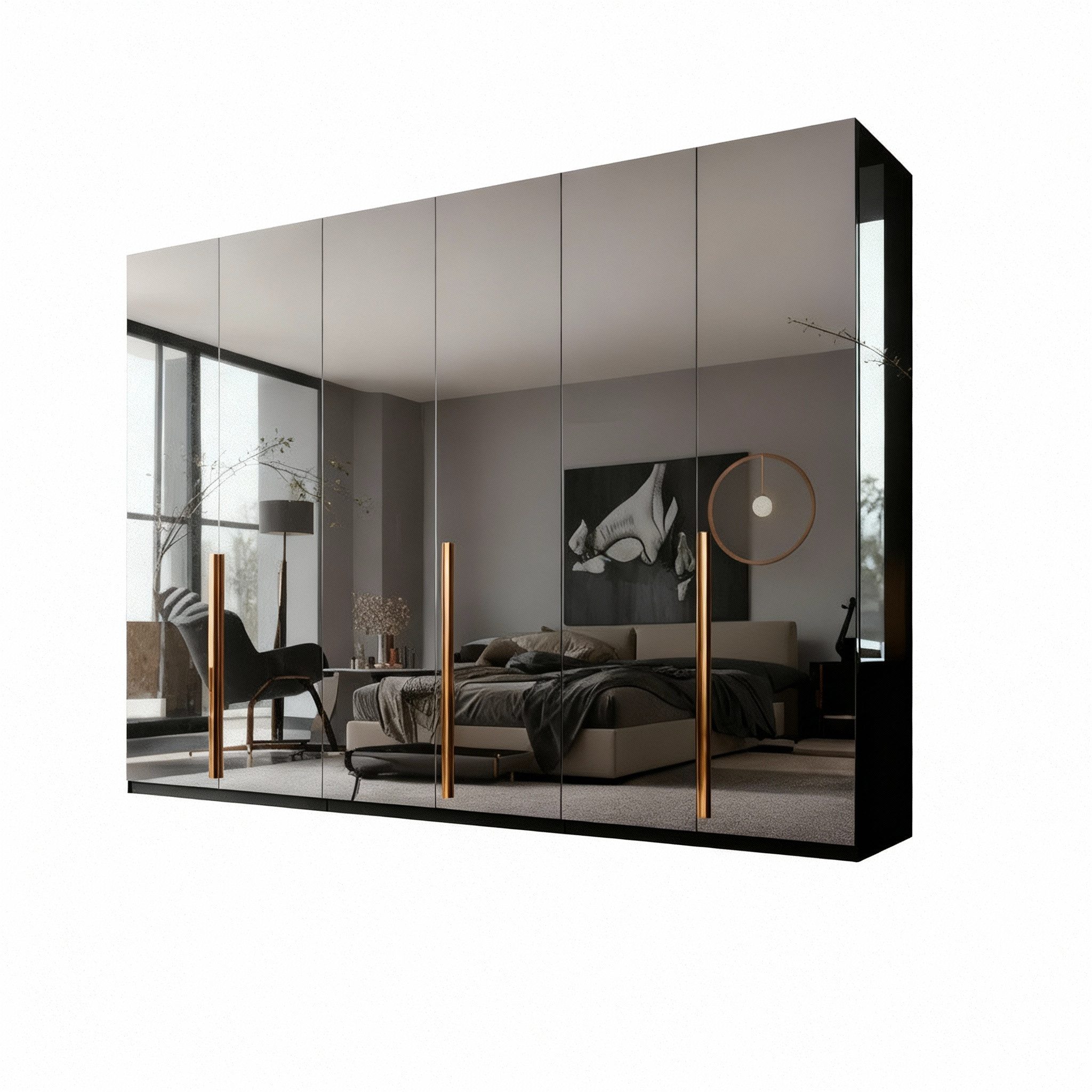 Palms-Store Kleiderschrank Prince 6‑türig mit Spiegel & Zubehörpaket (Spar-Set) Edle Metallgriffe, wählbar in Bronze, Chrom oder Goldfarben