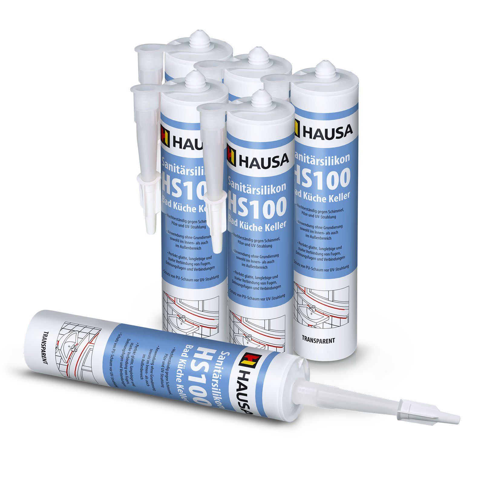 Hausa Silikon Dichtmasse Fuge, Sanitär Silikon HS100, Kartusche 310 ml, (schimmelresistent, 6-tlg., Verfugen Bad Dusche Küche acetatvernetzend), antischimmel Sanitär Silikon zum Abdichten