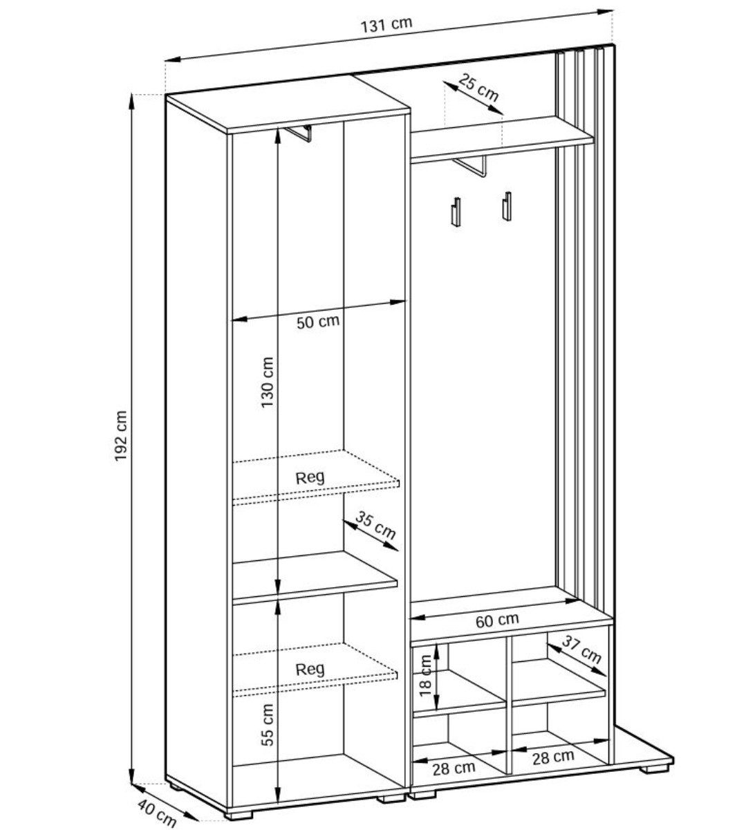 Compleo Garderoben-Set mit Spiegel, Flur Set, (Kleiderbügel, Schuhregal, Schrank), Breite: 131 cm