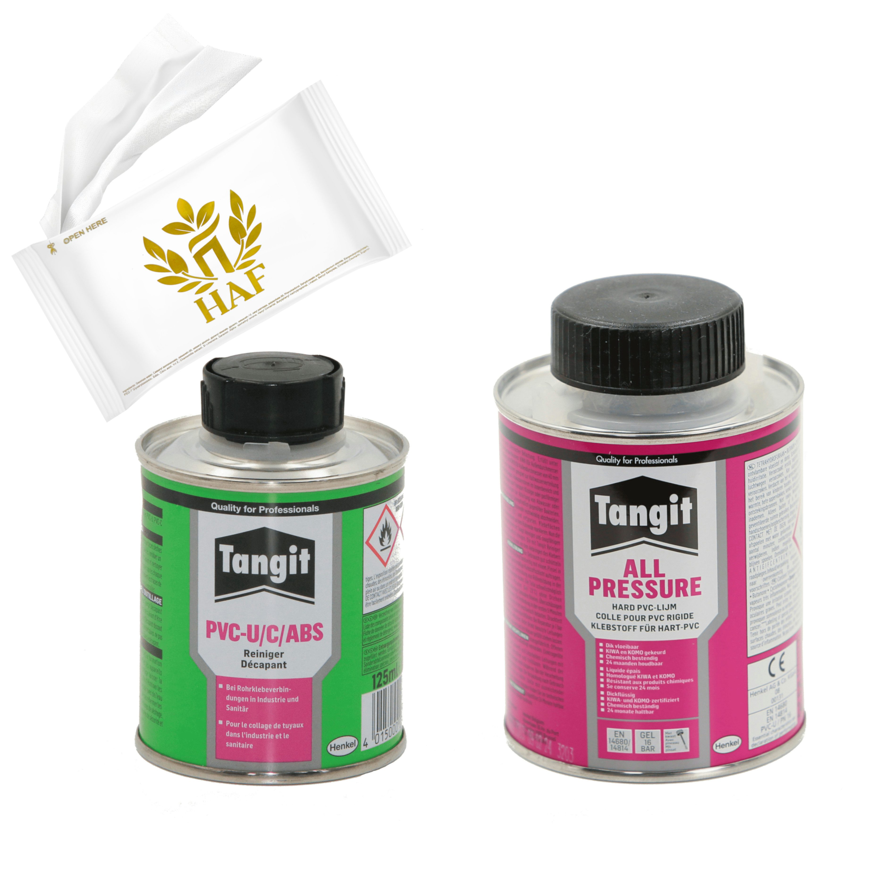 HAF PVC-Kleber Tangit PVC Reiniger 125ml + Kleber 250g Dose PVC-U Fittings Verrohrung, (Zur Montage von Rohren aus PVC-U), Geeignet für Klebeverbindungen aus PVC