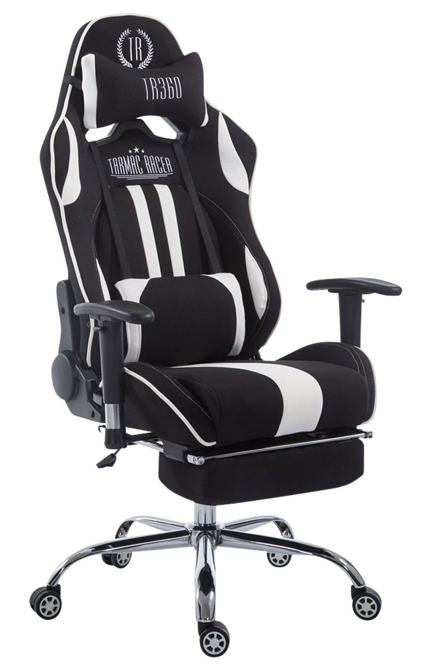 TPFLiving Gaming-Stuhl Limitless-2 mit bequemer Rückenlehne - höhenverstellbar - 360° drehbar (Schreibtischstuhl, Drehstuhl, Gamingstuhl, Racingstuhl, Chefsessel), Gestell: Metall chrom - Sitzfläche: Stoff schwarz/weiß