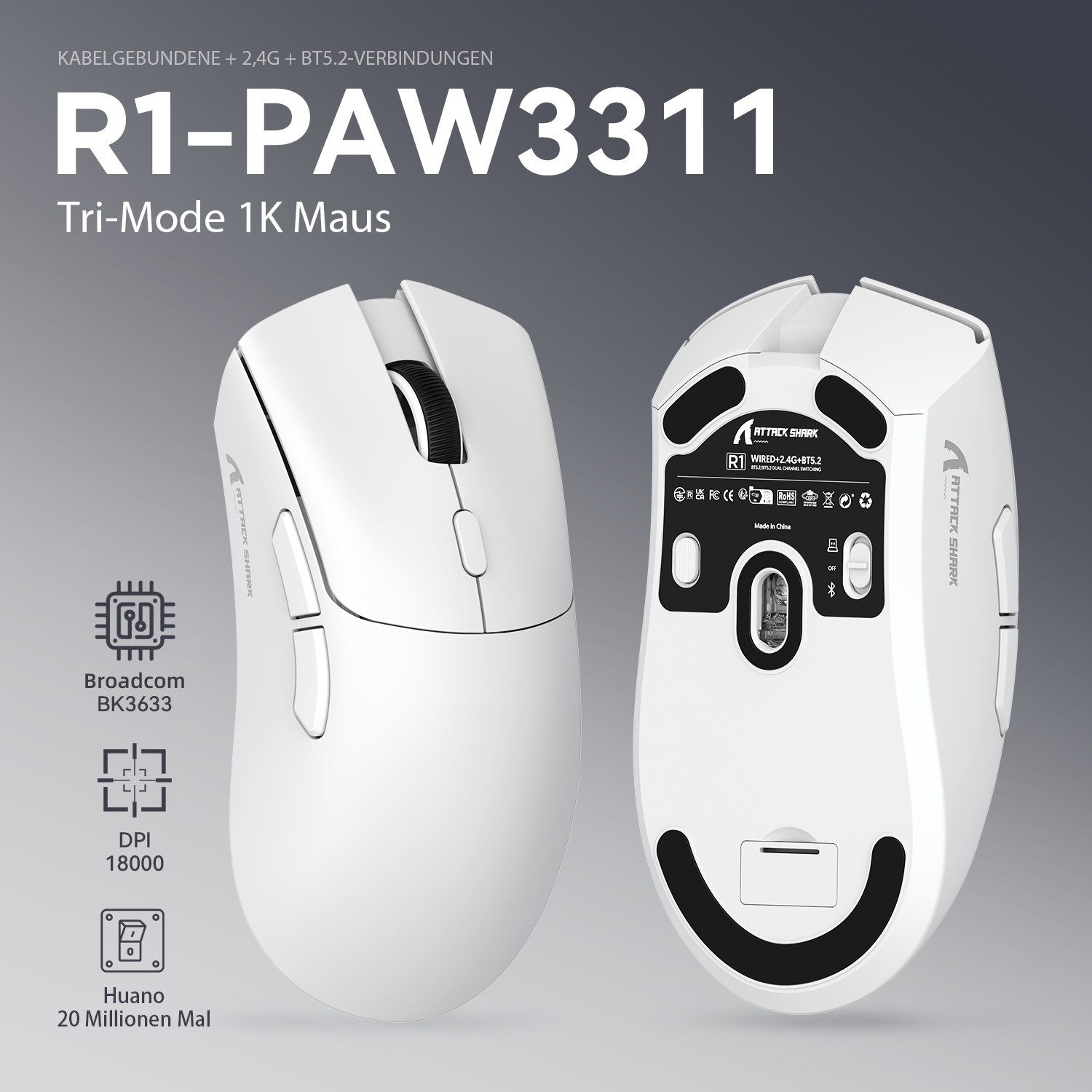 ATTACK SHARK R1 Kabellose Gaming-Maus, PAW3311-Sensor, 18K DPI Gaming-Maus (2.4G, Bluetooth, USB-C, 59 g,18000 DPI,Office-Maus für Win11/Xbox/PS/Mac)