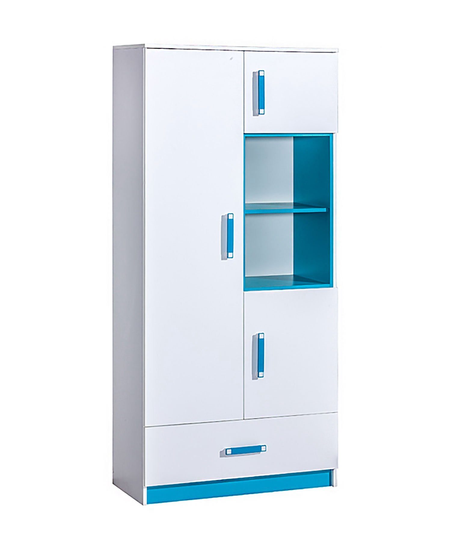 Feldmann-Wohnen Stauraumschrank Trafiko (3-türig, 1 Schublade, 2 offene Fächer, 1-St., Farbapplikation wahlweise in blau, grau oder pink) 90cm weiß Farbapplikation wählbar 3-türig mit 1 Schublade