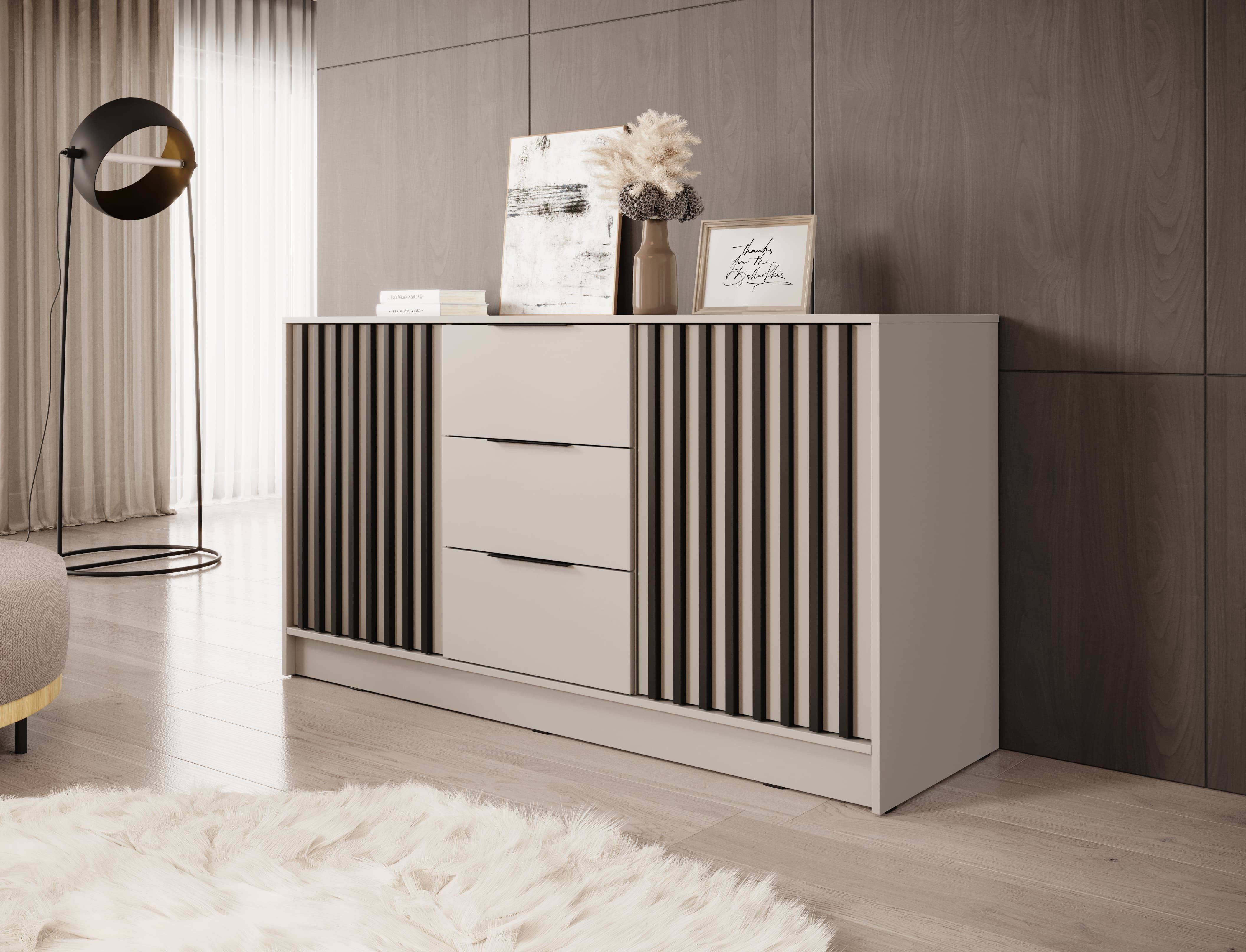 MOEBLO Kommode JOHN 3D (dekorative Lamellen Schrank Sideboard mit 2 Türen und 3 Schubladen, Moderne Wohnzimmer Schlafzimmer Möbel Kommode für Wohnzimmer), (BxHxT): 155x86x45 cm