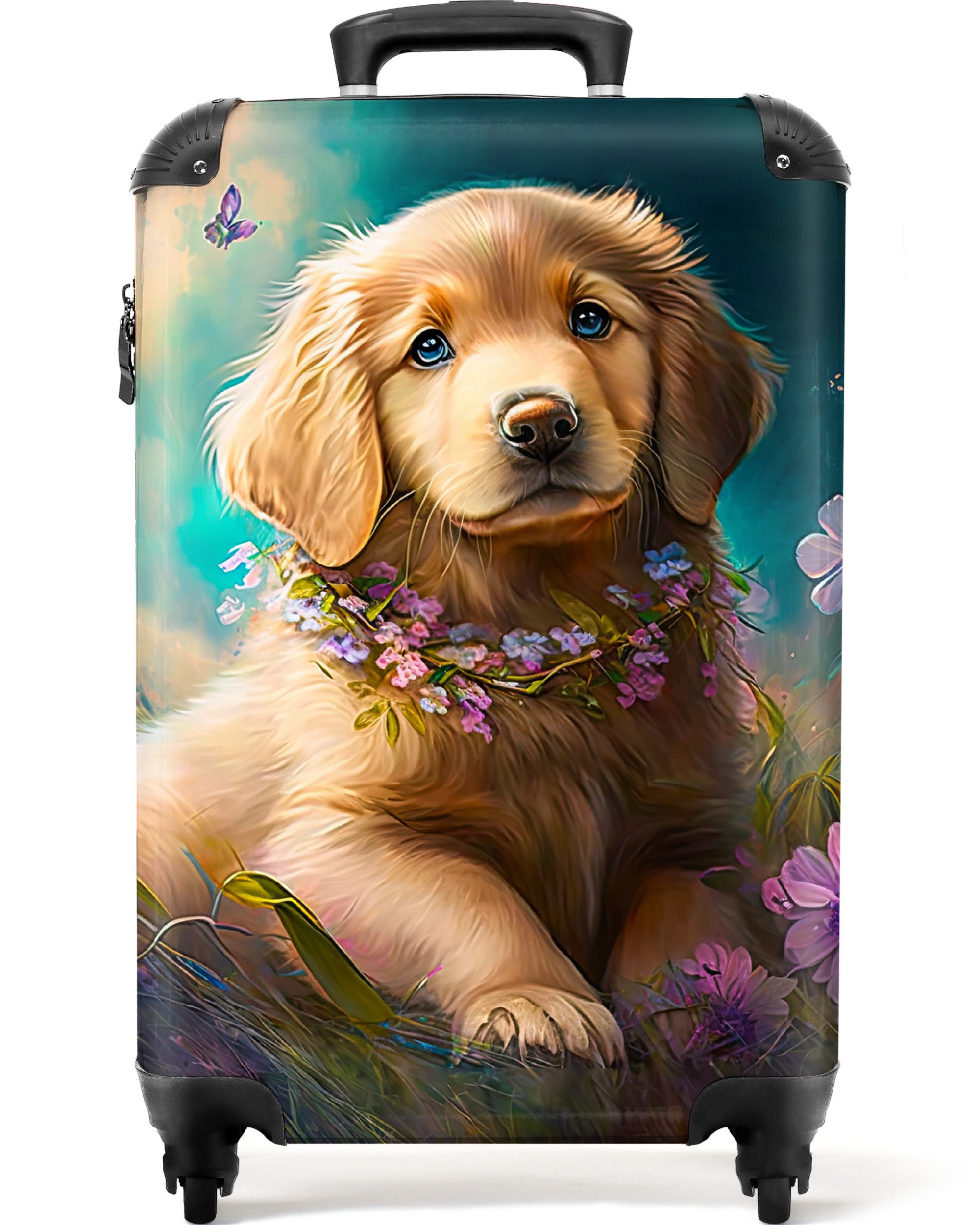NoBoringSuitcases.com© Kinderkoffer Welpe - Blumenkranz - Schmetterling - Hund - Golden Retriever 55x35x20, Reisetasche mit Rollen, Koffer Handgepäck Flugzeug