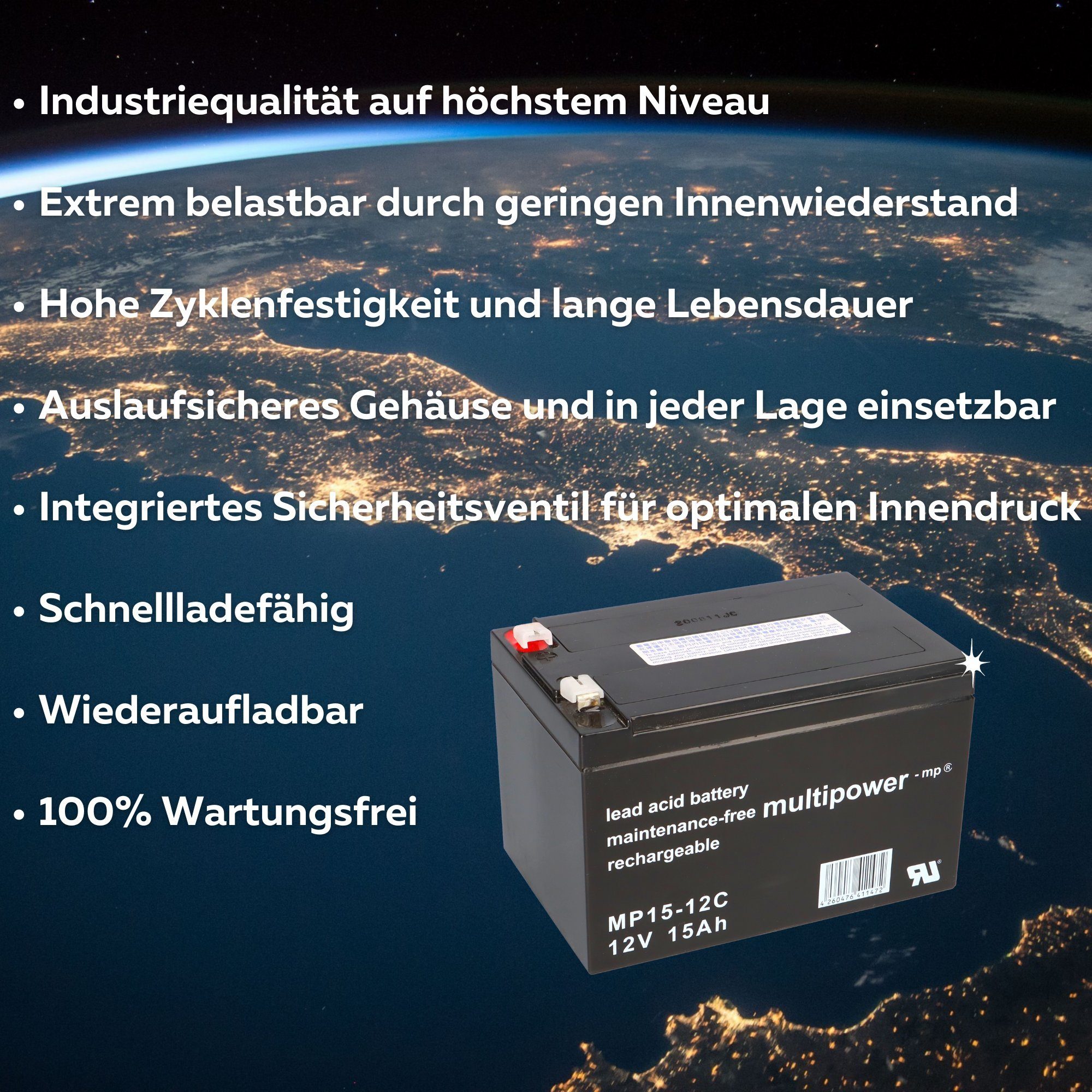 Multipower Akku kompatibel Elektro Scooter 4x 12V 15Ah AGM Blei Accu 12Ah 15Ah Elektromobil-Akku