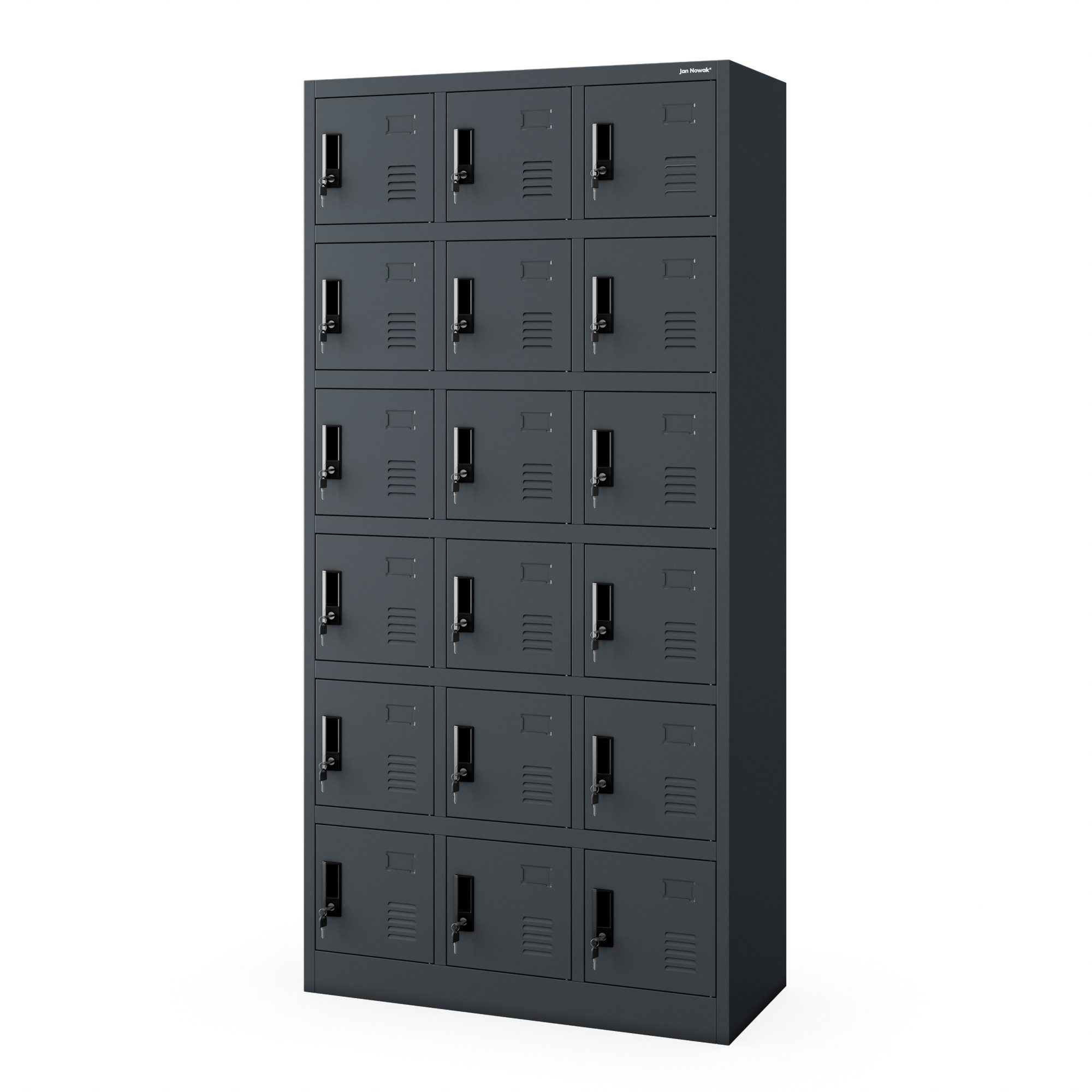 Jan Nowak Mehrzweckschrank Metall Schließfachschrank 90 cm KAROL 18 Fächer abschließbar (Spind Garderobenschrank Umkleide Arbeitsraum Sozialraum Betrieb, 0,6 mm 185 x 90 x 40 cm Lüftungsschlitze Wandmontage robust) Zylinderschloss je Fach Namensschildhalter langlebig 10 Farben